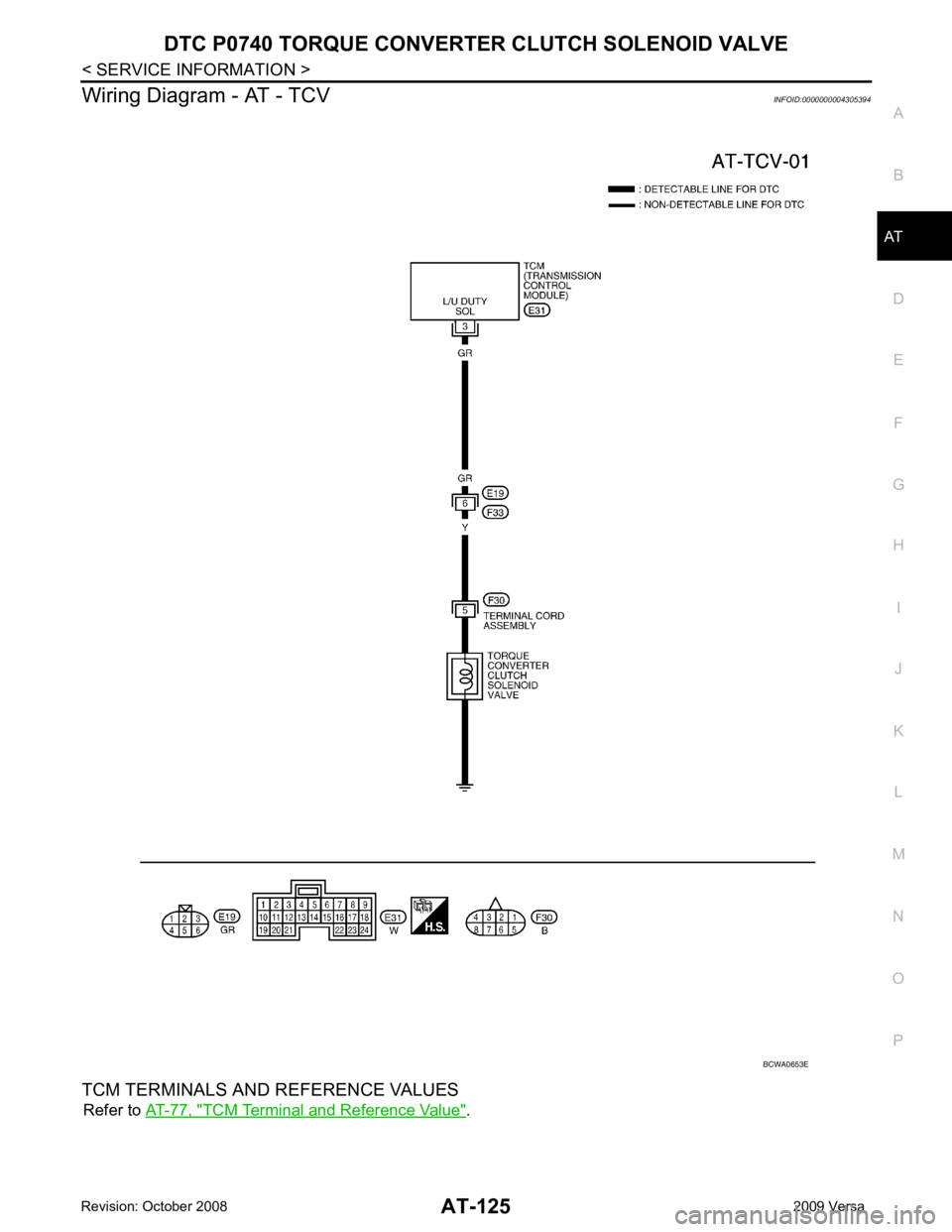 NISSAN LATIO 2009 Service Repair Manual AT
N
O P
Wiring Diagram - AT - TCV
INFOID:0000000004305394
TCM TERMINALS AND REFERENCE VALUES Refer to AT-77, " TCM Terminal and Reference Value " . NISSAN LATIO 2009 Service Repair Manual AT
N
O P
Wiring Diagram - AT - TCV
INFOID:0000000004305394
TCM TERMINALS AND REFERENCE VALUES Refer to AT-77, " TCM Terminal and Reference Value " .
