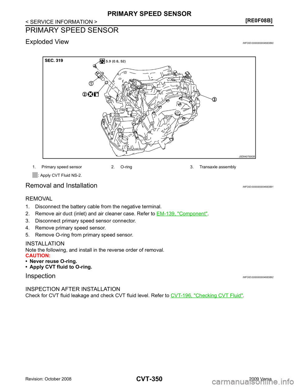 NISSAN LATIO 2009 Service Repair Manual Component " .
3. Disconnect primary speed sensor connector.
4. Remove primary speed sensor.
5. Remove O-ring from primary speed sensor.
INSTALLATION
Note the following, and install in the reverse orde NISSAN LATIO 2009 Service Repair Manual Component " .
3. Disconnect primary speed sensor connector.
4. Remove primary speed sensor.
5. Remove O-ring from primary speed sensor.
INSTALLATION
Note the following, and install in the reverse orde