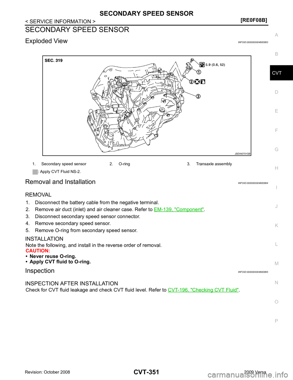 NISSAN LATIO 2009 Service Repair Manual CVT
N
O P
SECONDARY SPEED SENSOR
Exploded View INFOID:0000000004683893
Removal and Installation INFOID:0000000004683894
REMOVAL 1. Disconnect the battery cabl e from the negative terminal.
2. Remove a NISSAN LATIO 2009 Service Repair Manual CVT
N
O P
SECONDARY SPEED SENSOR
Exploded View INFOID:0000000004683893
Removal and Installation INFOID:0000000004683894
REMOVAL 1. Disconnect the battery cabl e from the negative terminal.
2. Remove a