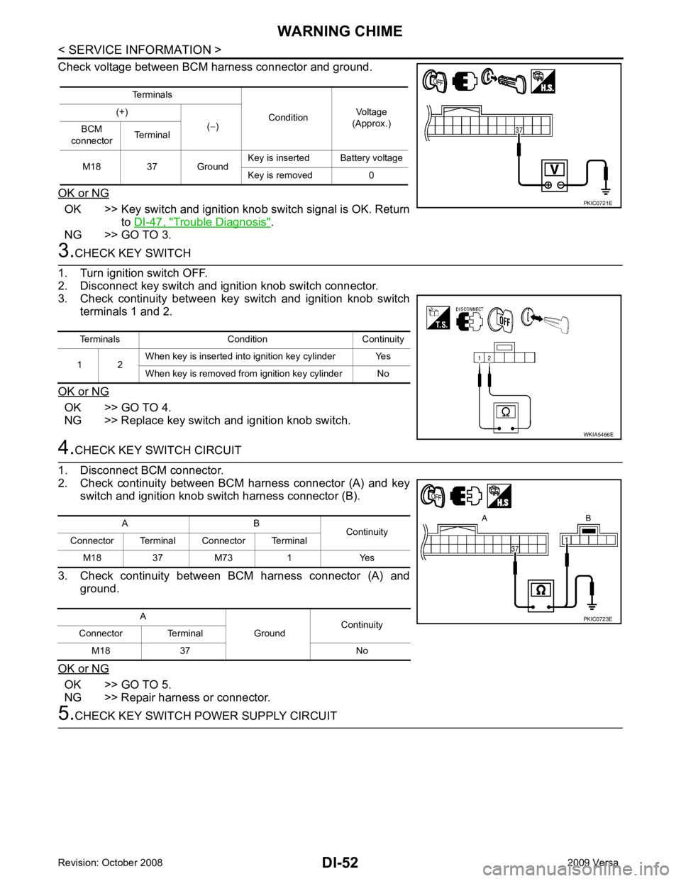 NISSAN LATIO 2009  Service Repair Manual DI-52< SERVICE INFORMATION >
WARNING CHIME
Check voltage between BCM harness connector and ground.
OK or NG OK >> Key switch and ignition knob switch signal is OK. Return
to DI-47, " Trouble Diagnosis