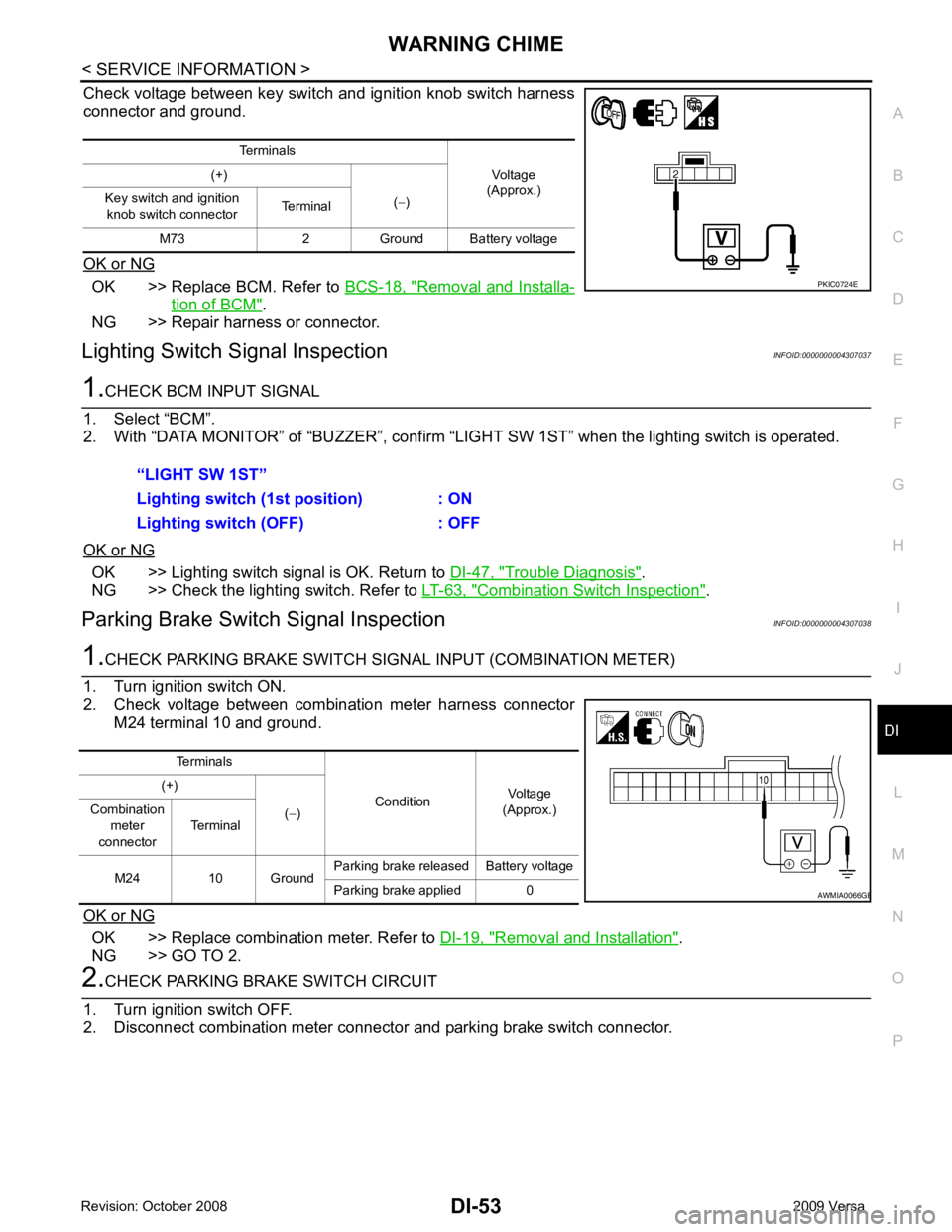 NISSAN LATIO 2009  Service Repair Manual DI
N
O P
Check voltage between key switch and ignition knob switch harness
connector and ground.
OK or NG OK >> Replace BCM. Refer to 
BCS-18, " Removal and Installa-
tion of BCM " .
NG >> Repair harn