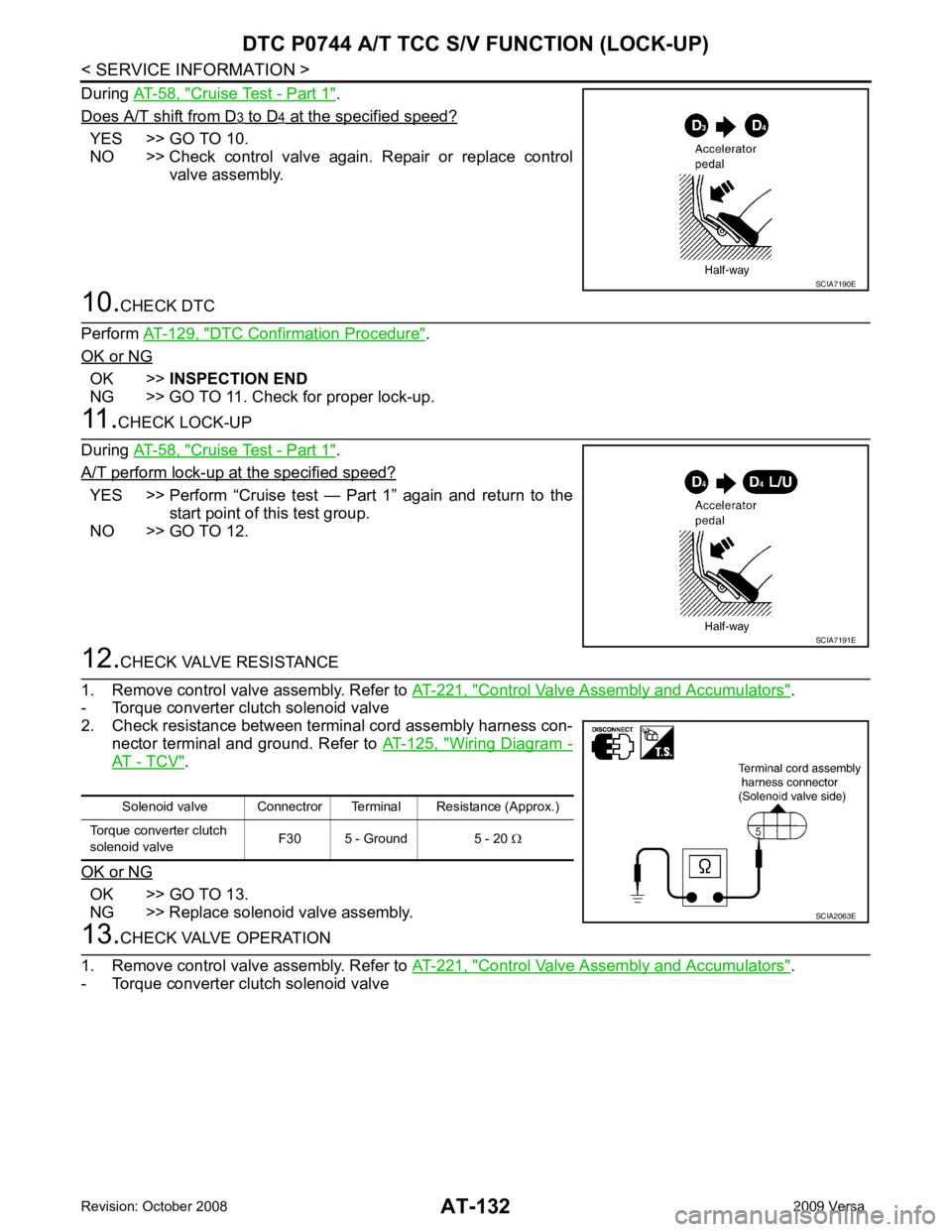 NISSAN LATIO 2009 Service Repair Manual AT-132< SERVICE INFORMATION >
DTC P0744 A/T TCC S/V FUNCTION (LOCK-UP)
During AT-58, " Cruise Test - Part 1 " .
Does A/T shift from D 3 to D 4 at the specified speed?
YES >> GO TO 10.
NO >> Check NISSAN LATIO 2009 Service Repair Manual AT-132< SERVICE INFORMATION >
DTC P0744 A/T TCC S/V FUNCTION (LOCK-UP)
During AT-58, " Cruise Test - Part 1 " .
Does A/T shift from D 3 to D 4 at the specified speed?
YES >> GO TO 10.
NO >> Check