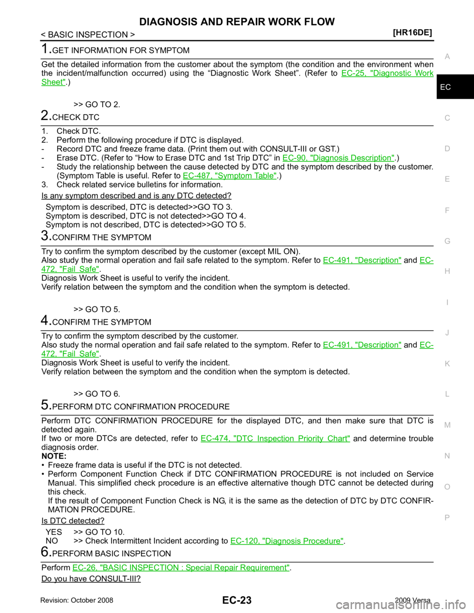 NISSAN LATIO 2009  Service Repair Manual EC
NP
O Diagnostic  Work
Sheet " .)
>> GO TO 2. Diagnosis Description " .)
- Study the relationship between the cause detected  by DTC and the symptom described by the customer.
(Symptom Table is usef
