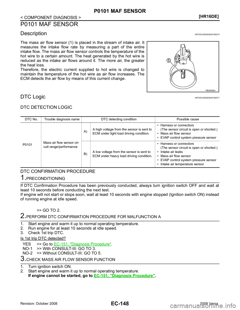 NISSAN LATIO 2009  Service Repair Manual YES >> Go to 
EC-151, " Diagnosis Procedure " .
NO-1 >> With CONSULT-III: GO TO 3.
NO-2 >> Without CONSULT-III: GO TO 5. Diagnosis Procedure " . 