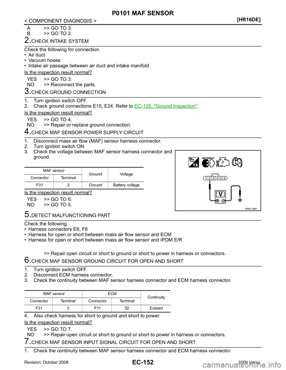 NISSAN LATIO 2009  Service Repair Manual YES >> GO TO 3.
NO >> Reconnect the parts. Ground Inspection " .
Is the inspection result normal? YES >> GO TO 4.
NO >> Repair or replace ground connection. YES >> GO TO 6.
NO >> GO TO 5. YES >> GO TO