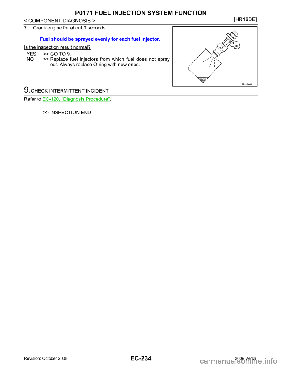 NISSAN LATIO 2009  Service Repair Manual YES >> GO TO 9.
NO >> Replace  fuel  injectors  from  which  fuel  does  not  spray out. Always replace O-ring with new ones. Diagnosis Procedure " .
>> INSPECTION END
Fuel should be sprayed even
ly f