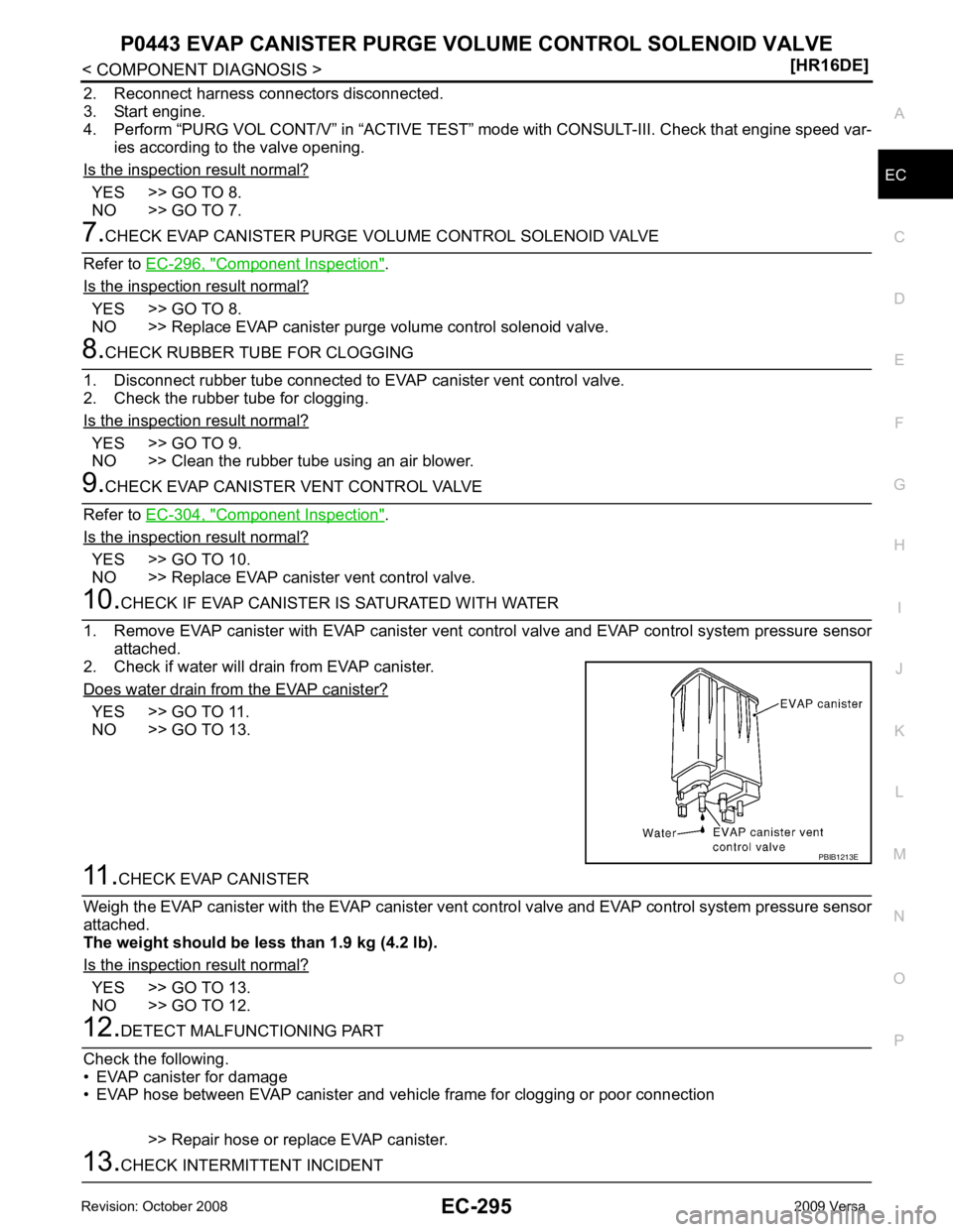 NISSAN LATIO 2009  Service Repair Manual P0443 EVAP CANISTER PURGE VOLU
ME CONTROL SOLENOID VALVE
EC-295
< COMPONENT DIAGNOSIS >
[HR16DE] C
D E
F
G H
I
J
K L
M A EC
NP
O
2. Reconnect harness connectors disconnected.
3. Start engine.
4. Perfo