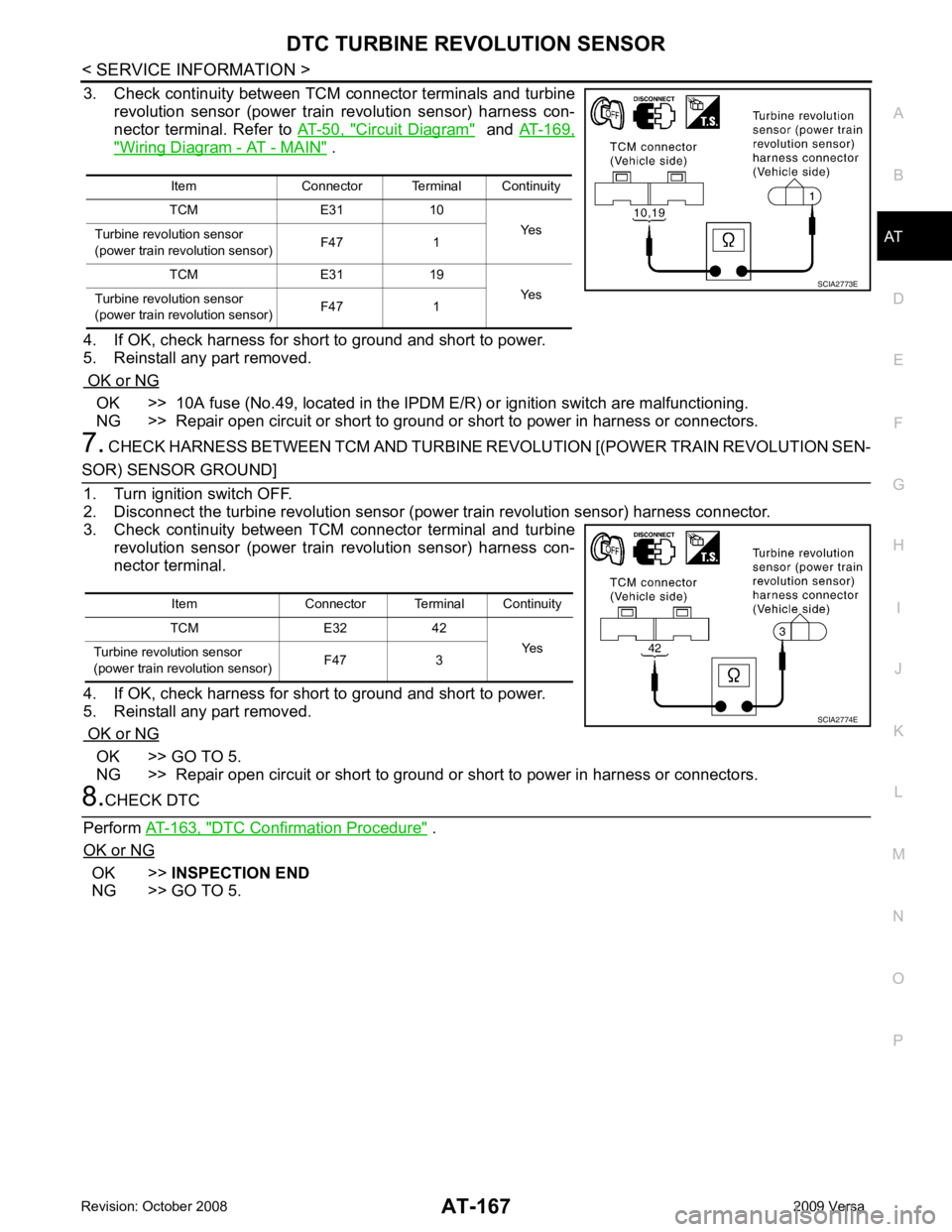 NISSAN LATIO 2009  Service Repair Manual AT
N
O P
3. Check continuity between TCM connector terminals and turbine
revolution  sensor  (power  train  revolution  sensor)  harness  con-
nector  terminal.  Refer  to   AT-50,  " Circuit  Diagram