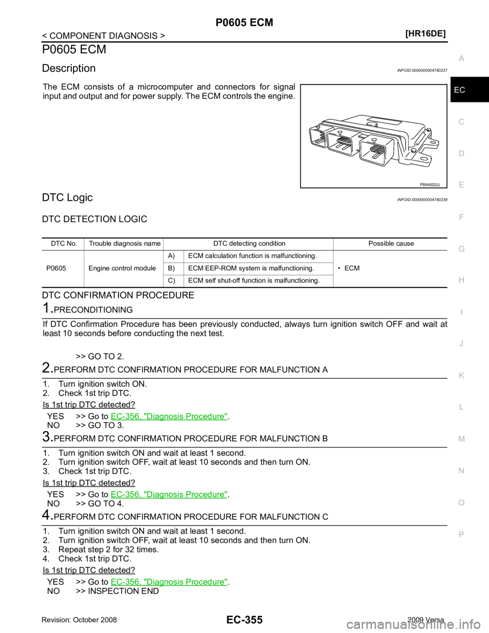 NISSAN LATIO 2009  Service Repair Manual P0605 ECM
EC-355
< COMPONENT DIAGNOSIS >
[HR16DE] C
D E
F
G H
I
J
K L
M A EC
NP
O
P0605 ECM
Description INFOID:0000000004780237
The  ECM  consists  of  a  microcomputer  and  connectors  for  signal
i