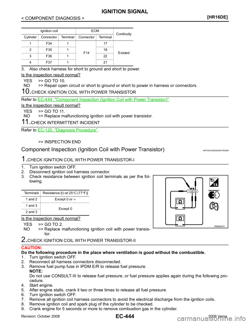 NISSAN LATIO 2009  Service Repair Manual YES >> GO TO 10.
NO >> Repair open circuit or short to ground or short to power in harness or connectors. Component Inspection (Ignition Coil with Power Transistor) " .
Is the inspection result normal