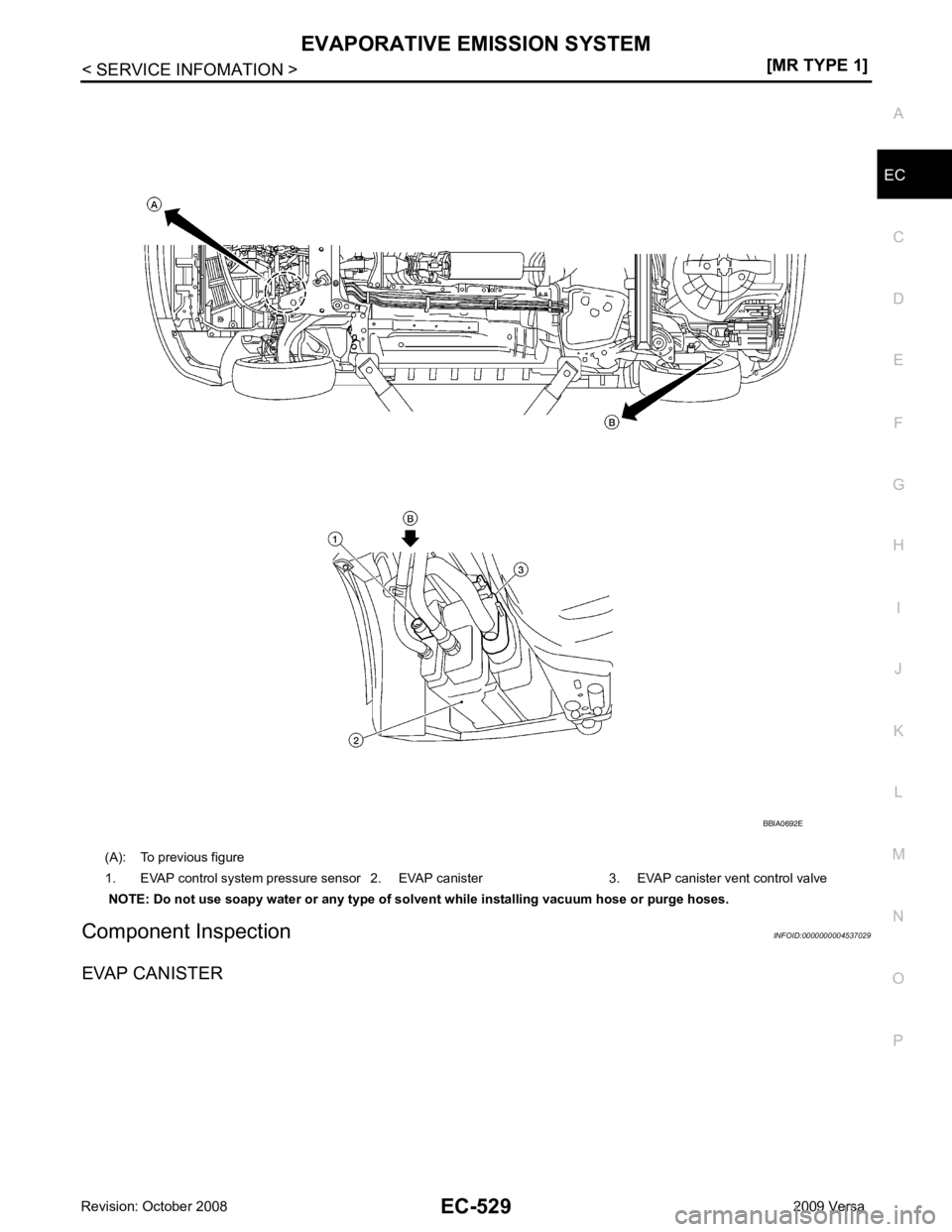 NISSAN LATIO 2009  Service Repair Manual EVAPORATIVE EMISSION SYSTEM
EC-529
< SERVICE INFOMATION >
[MR TYPE 1] C
D E
F
G H
I
J
K L
M A EC
NP
O
Component Inspection
INFOID:0000000004537029
EVAP CANISTER (A): To previous figure
1. EVAP control