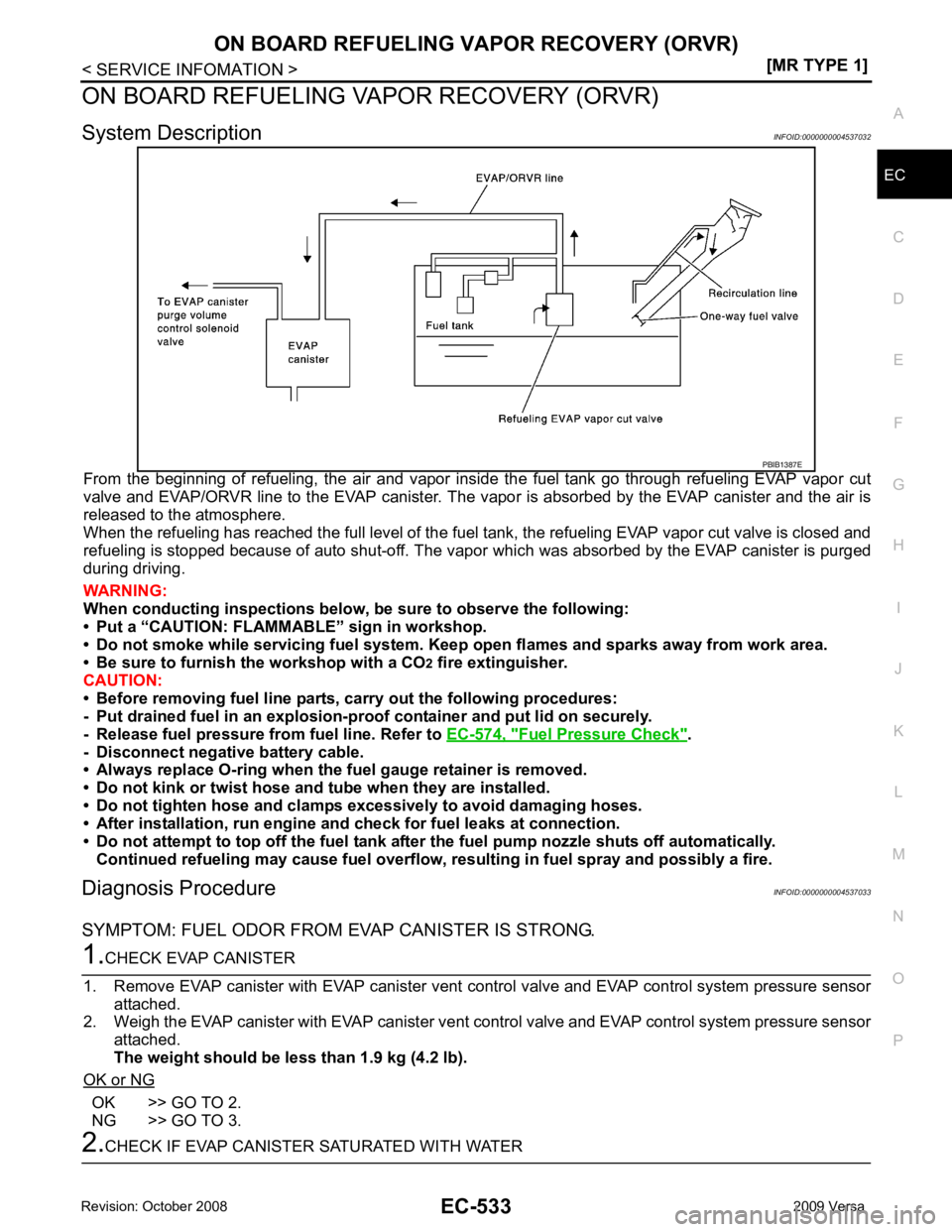 NISSAN LATIO 2009  Service Repair Manual EC
NP
O
ON BOARD REFUELING VAPOR RECOVERY (ORVR)
System Description INFOID:0000000004537032
From  the  beginning  of  refueling,  the  air  and  vapor  insi de  the  fuel  tank  go  through  refueling