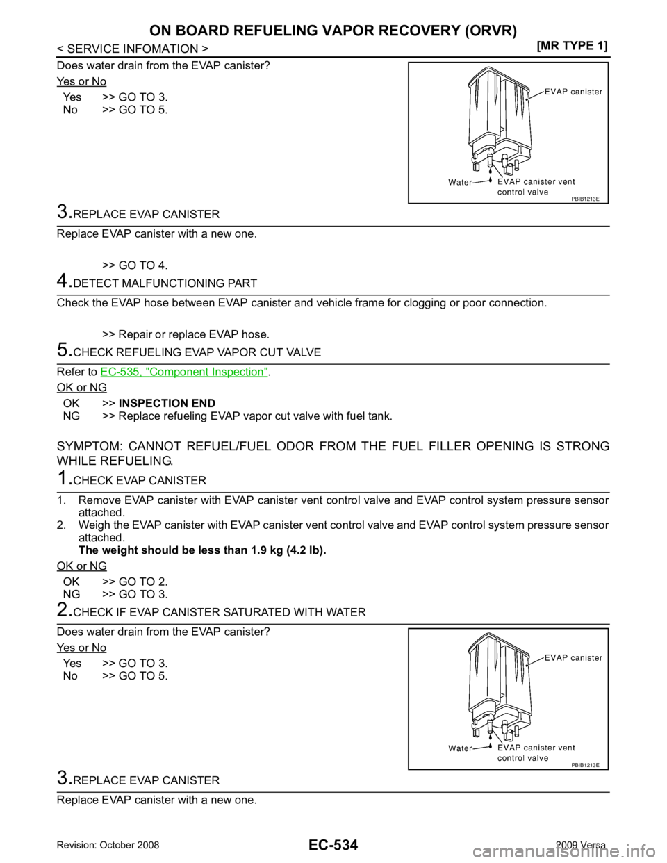 NISSAN LATIO 2009  Service Repair Manual EC-534< SERVICE INFOMATION >
[MR TYPE 1]
ON BOARD REFUELING VAPOR RECOVERY (ORVR)
Does water drain from the EVAP canister?
Yes  or  No Yes >> GO  TO  3.
No >> GO TO 5. 3.
REPLACE EVAP CANISTER
Replace