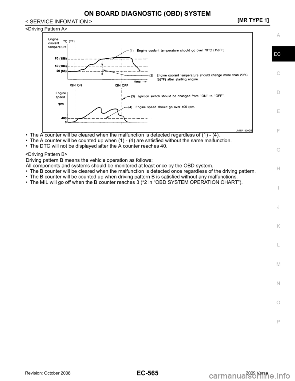 NISSAN LATIO 2009  Service Repair Manual ON BOARD DIAGNOSTIC (OBD) SYSTEM
EC-565
< SERVICE INFOMATION >
[MR TYPE 1] C
D E
F
G H
I
J
K L
M A EC
NP
O
<Driving Pattern A>
• The A counter will be cleared when the malfunc tion is detected regar