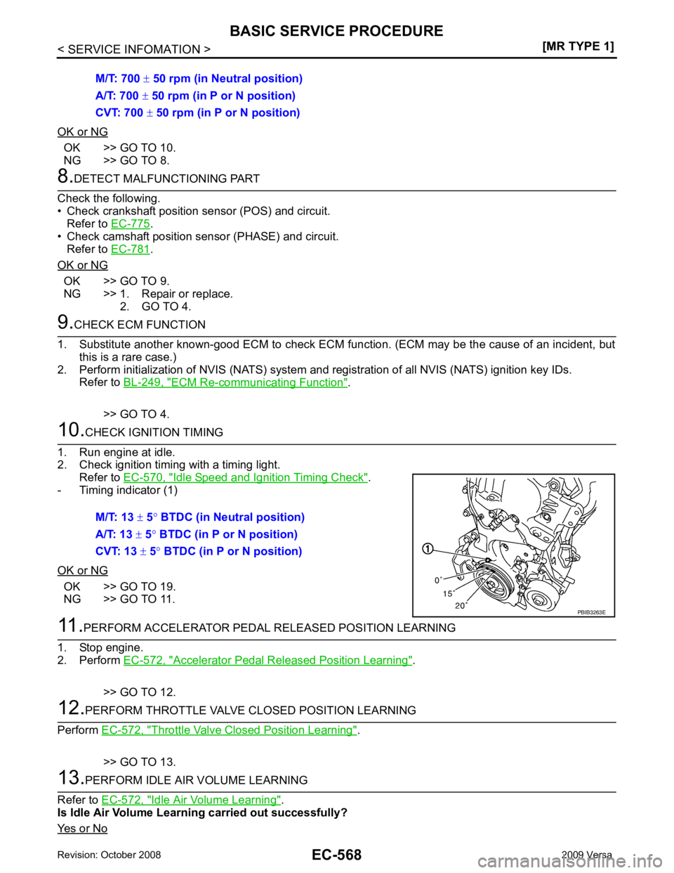 NISSAN LATIO 2009  Service Repair Manual OK >> GO TO 10.
NG >> GO TO 8. .
• Check camshaft position sensor (PHASE) and circuit.
Refer to  EC-781 .
OK or NG OK >> GO TO 9.
NG >> 1. Repair or replace.
2. GO TO 4. ECM Re-communicating Functio