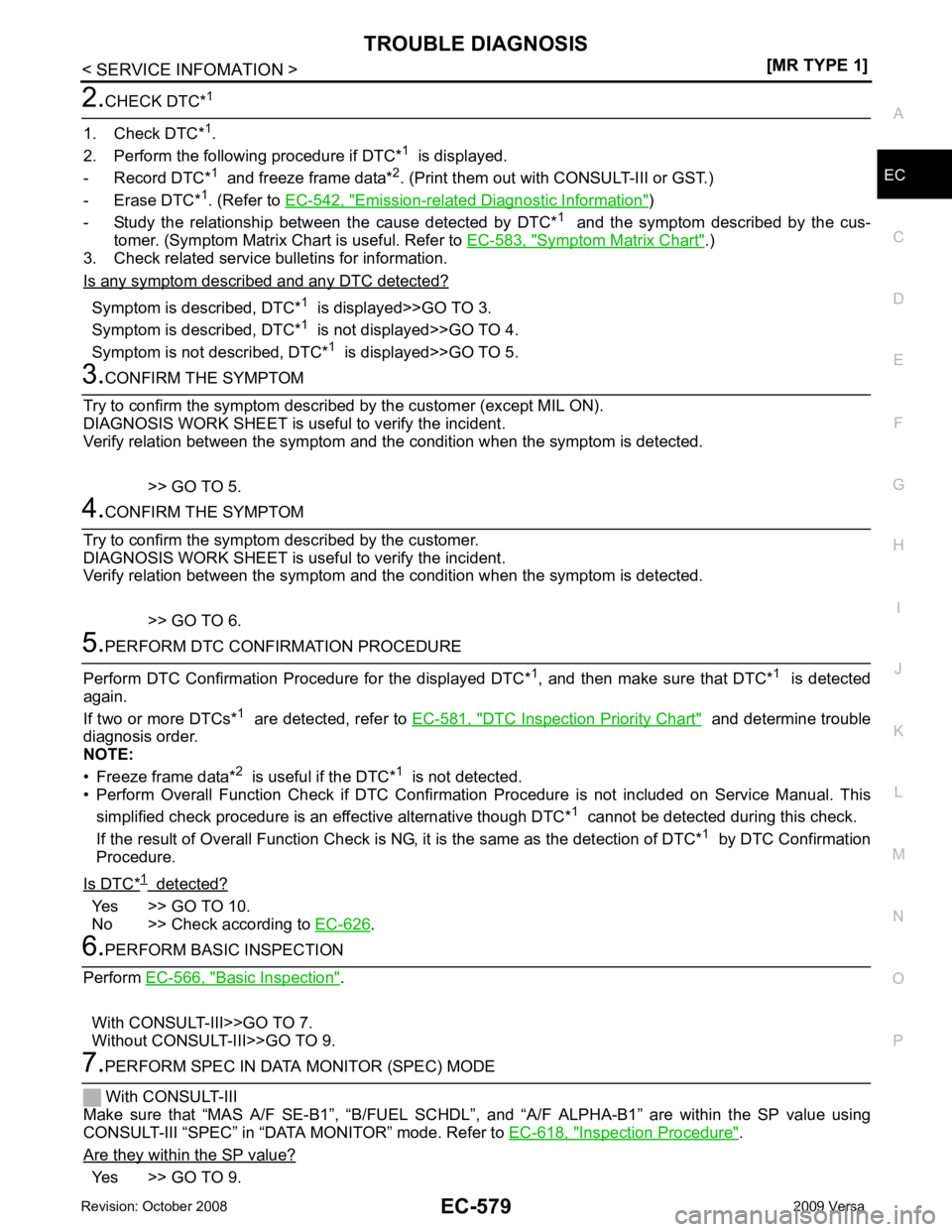 NISSAN LATIO 2009  Service Repair Manual EC
NP
O Emission-related Diagnostic Information " )
- Study  the  relationship  betw een  the  cause  detected  by  DTC* 1
   and  the  symptom  described  by  the  cus-
tomer. (Symptom Matrix Chart i