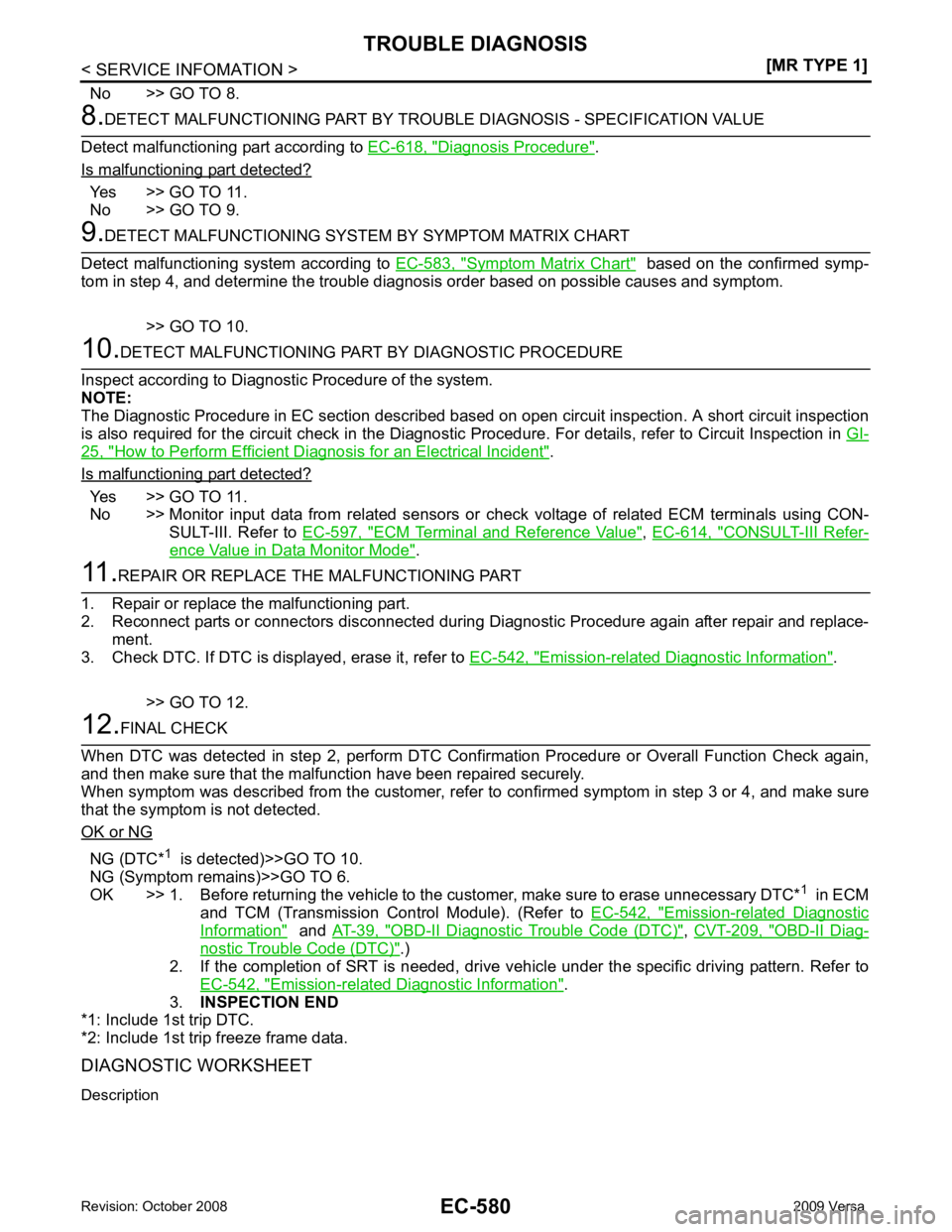 NISSAN LATIO 2009  Service Repair Manual Diagnosis Procedure " .
Is malfunctioning part detected? Yes >> GO  TO  11.
No >> GO TO 9. Symptom Matrix Chart "   based on the confirmed symp-
tom in step 4, and determine the trouble diagnosis  ord