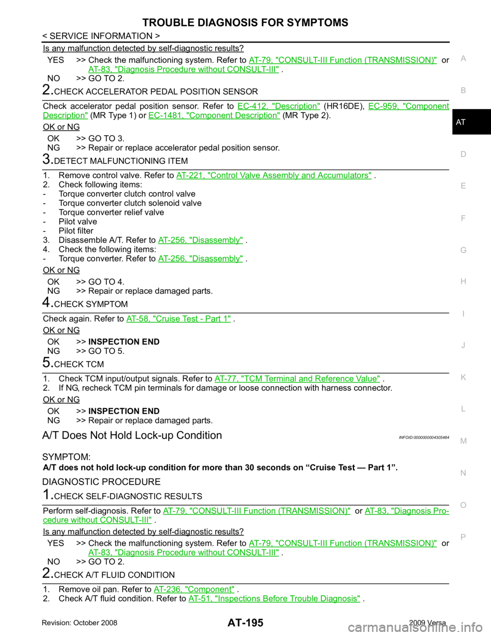 NISSAN LATIO 2009  Service Repair Manual AT
N
O P
Is any malfunction detected by self-diagnostic results? YES >> Check the malfuncti
oning system. Refer to AT-79, " CONSULT-III Functi
on (TRANSMISSION) "   or
AT-83, " Diagnosis Procedure wit