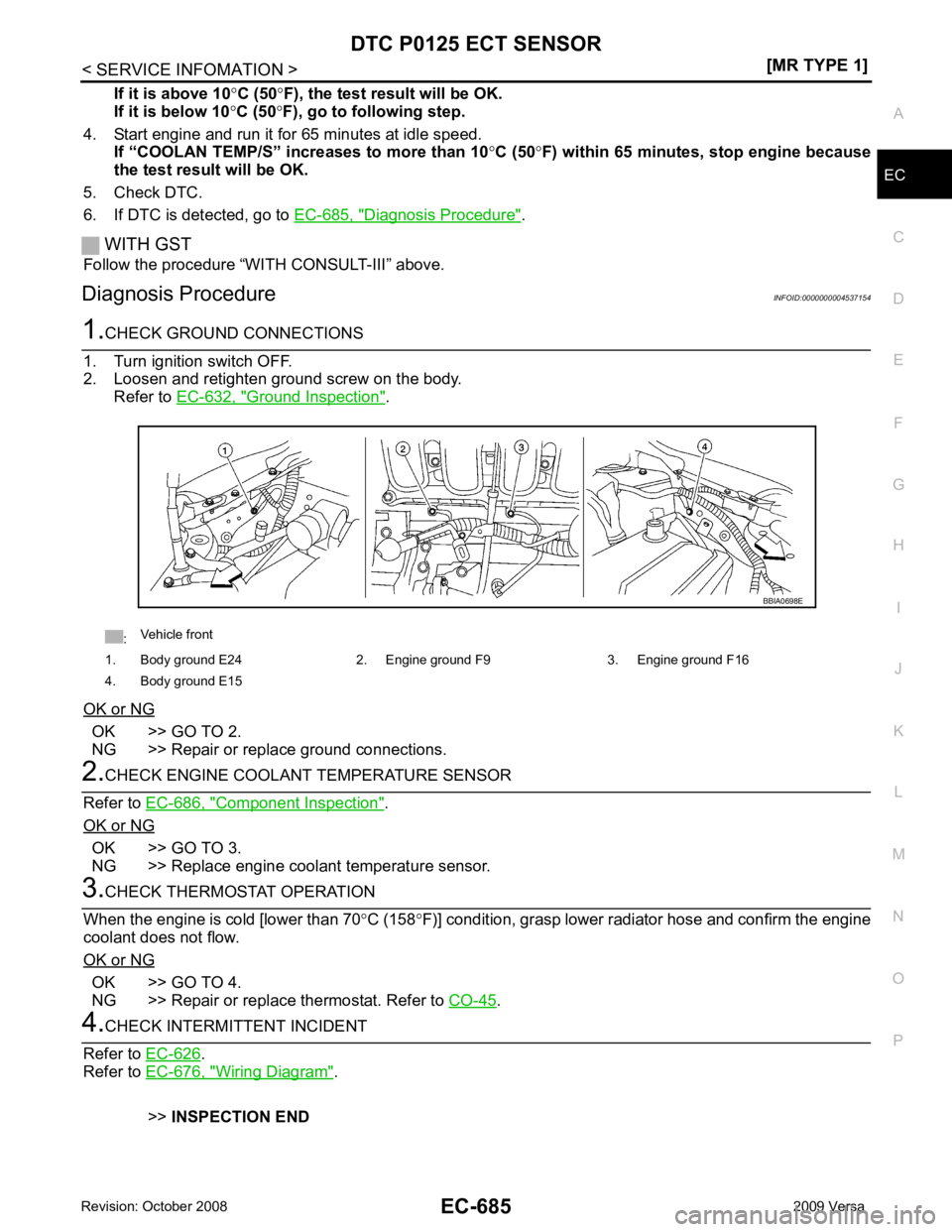NISSAN LATIO 2009  Service Repair Manual DTC P0125 ECT SENSOR
EC-685
< SERVICE INFOMATION >
[MR TYPE 1] C
D E
F
G H
I
J
K L
M A EC
NP
O
If it is above 10
°C (50 °F), the test result will be OK.
If it is below 10 °C (50 °F), go to followi