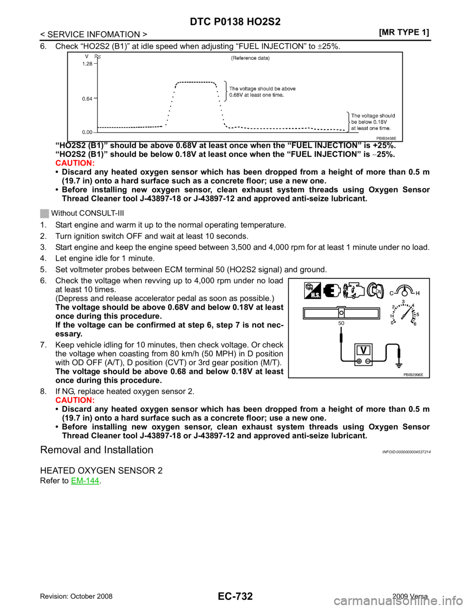 NISSAN LATIO 2009  Service Repair Manual EC-732< SERVICE INFOMATION >
[MR TYPE 1]
DTC P0138 HO2S2
6. Check “HO2S2 (B1)” at idle speed when adjusting “FUEL INJECTION” to  ±25%.
“HO2S2 (B1)” should be above 0.68V at least  once wh