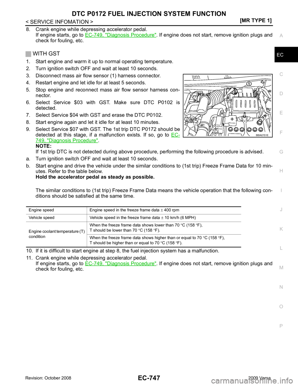 NISSAN LATIO 2009  Service Repair Manual DTC P0172 FUEL INJECT
ION SYSTEM FUNCTION
EC-747
< SERVICE INFOMATION >
[MR TYPE 1] C
D E
F
G H
I
J
K L
M A EC
NP
O
8. Crank engine while depressing accelerator pedal.
If engine starts, go to  EC-749,