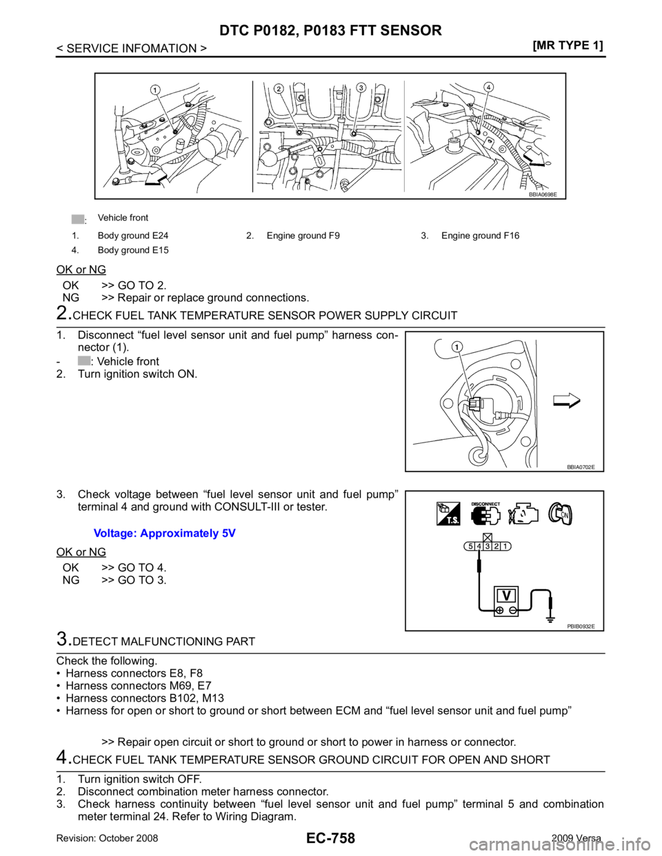 NISSAN LATIO 2009  Service Repair Manual EC-758< SERVICE INFOMATION >
[MR TYPE 1]
DTC P0182, P0183 FTT SENSOR
OK or NG OK >> GO TO 2.
NG >> Repair or replace ground connections. 2.
CHECK FUEL TANK TEMPERATURE SENSOR POWER SUPPLY CIRCUIT
1. D