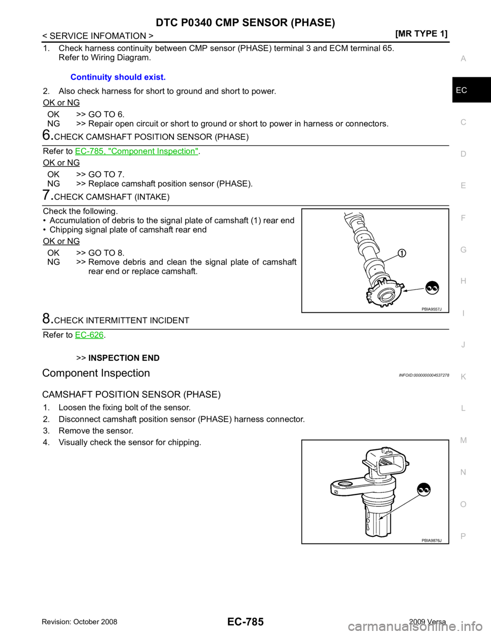 NISSAN LATIO 2009  Service Repair Manual DTC P0340 CMP SENSOR (PHASE)
EC-785
< SERVICE INFOMATION >
[MR TYPE 1] C
D E
F
G H
I
J
K L
M A EC
NP
O
1. Check harness continuity between CMP sens
or (PHASE) terminal 3 and ECM terminal 65. 
Refer to