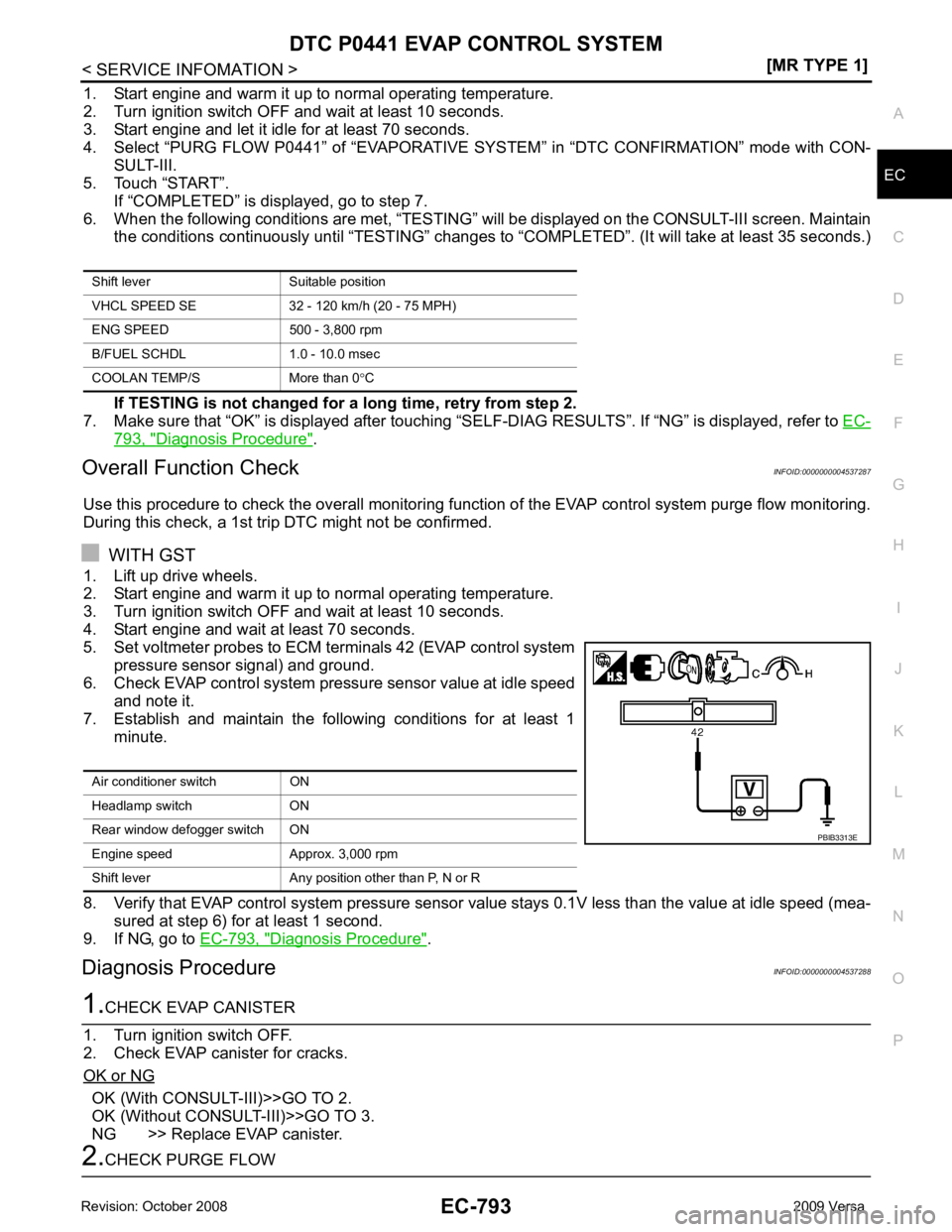 NISSAN LATIO 2009  Service Repair Manual DTC P0441 EVAP CONTROL SYSTEM
EC-793
< SERVICE INFOMATION >
[MR TYPE 1] C
D E
F
G H
I
J
K L
M A EC
NP
O
1. Start engine and warm it up to normal operating temperature.
2. Turn ignition switch OFF and 
