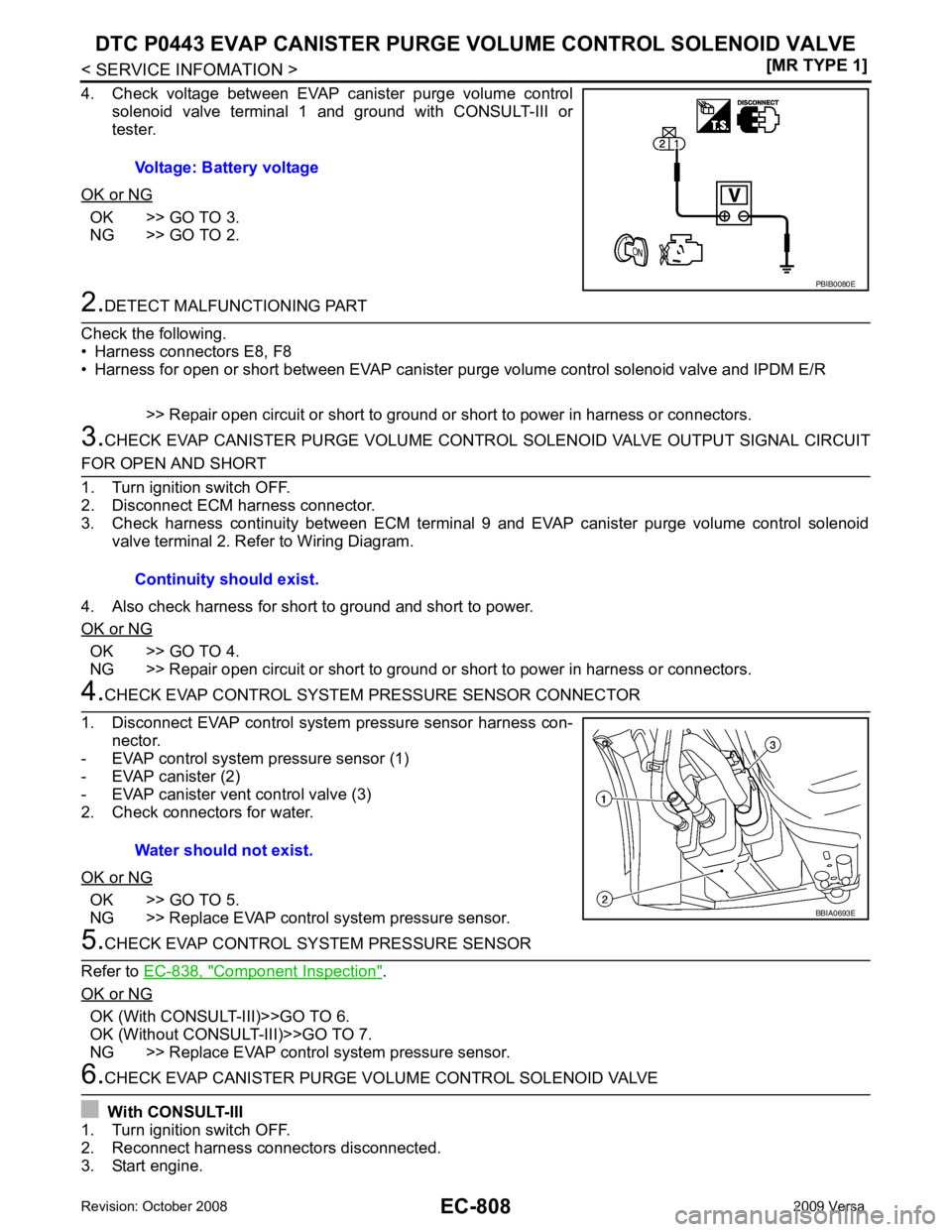 NISSAN LATIO 2009  Service Repair Manual EC-808< SERVICE INFOMATION >
[MR TYPE 1]
DTC P0443 EVAP CANISTER PURGE VO
LUME CONTROL SOLENOID VALVE
4. Check  voltage  between  EVAP  canister  purge  volume  control solenoid  valve  terminal  1  a