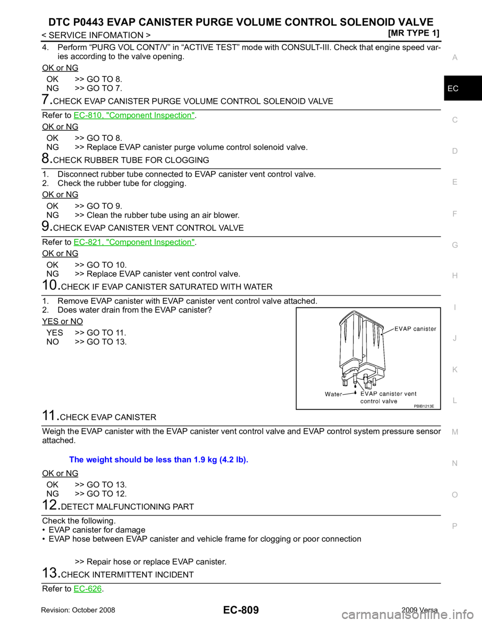 NISSAN LATIO 2009  Service Repair Manual DTC P0443 EVAP CANISTE
R PURGE VOLUME CONTROL SOLENOID VALVE
EC-809
< SERVICE INFOMATION >
[MR TYPE 1] C
D E
F
G H
I
J
K L
M A EC
NP
O
4. Perform “PURG VOL CONT/V” in 
“ACTIVE TEST” mode with 