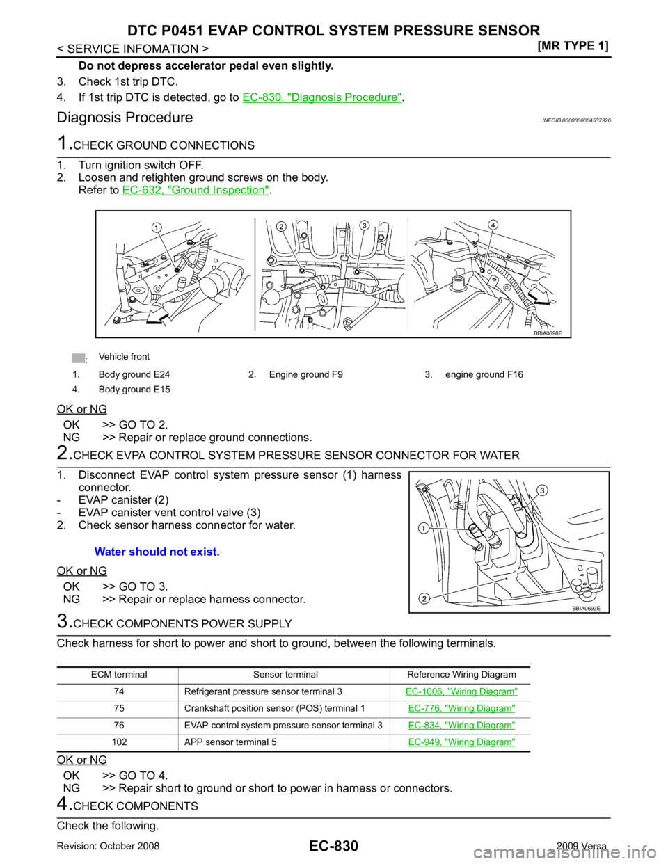 NISSAN LATIO 2009  Service Repair Manual EC-830< SERVICE INFOMATION >
[MR TYPE 1]
DTC P0451 EVAP CONTROL 
SYSTEM PRESSURE SENSOR
Do not depress accelerator pedal even slightly.
3. Check 1st trip DTC.
4. If 1st trip DTC is detected, go to  EC