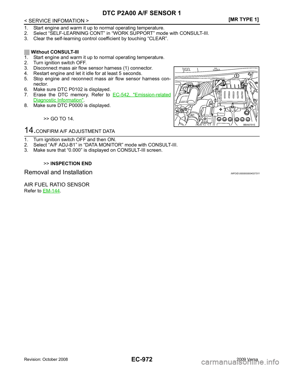 NISSAN LATIO 2009  Service Repair Manual EC-972< SERVICE INFOMATION >
[MR TYPE 1]
DTC P2A00 A/F SENSOR 1
1. Start engine and warm it up to normal operating temperature.
2. Select “SELF-LEARNING CONT” in  “WORK SUPPORT” mode with CONS