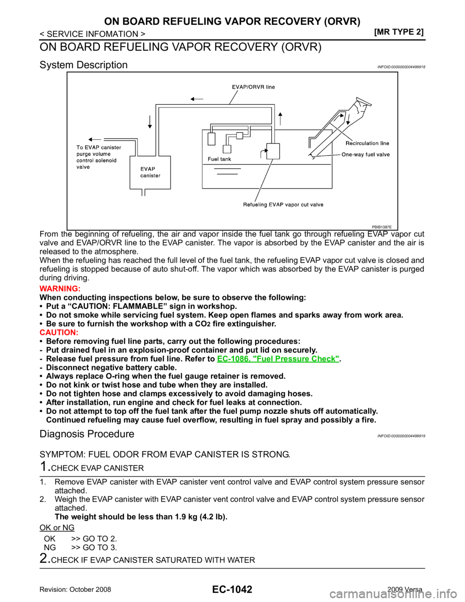 NISSAN LATIO 2009  Service Repair Manual EC-1042< SERVICE INFOMATION >
[MR TYPE 2]
ON BOARD REFUELING VAPOR RECOVERY (ORVR)
ON BOARD REFUELING VAPOR RECOVERY (ORVR)
System Description INFOID:0000000004499918
From  the  beginning  of  refueli