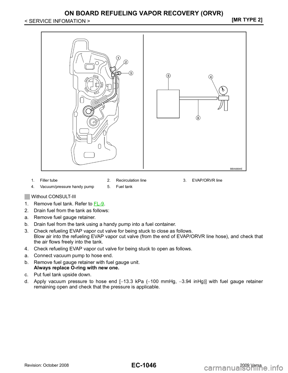 NISSAN LATIO 2009  Service Repair Manual EC-1046< SERVICE INFOMATION >
[MR TYPE 2]
ON BOARD REFUELING VAPOR RECOVERY (ORVR)
 Without CONSULT-III
1. Remove fuel tank. Refer to  FL-9 .
2. Drain fuel from the tank as follows:
a. Remove fuel gau