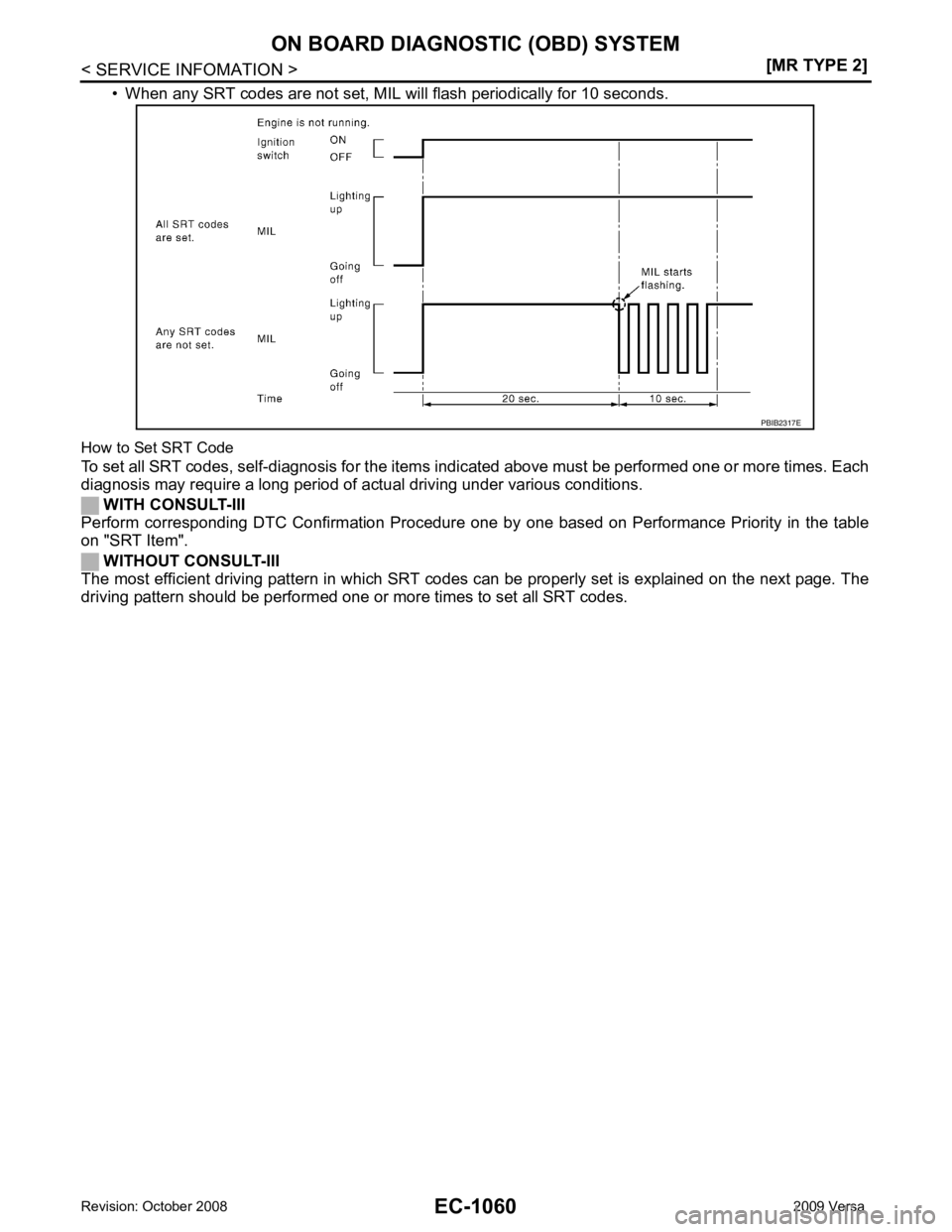 NISSAN LATIO 2009  Service Repair Manual EC-1060< SERVICE INFOMATION >
[MR TYPE 2]
ON BOARD DIAGNOSTIC (OBD) SYSTEM
• When any SRT codes are not set, MIL will flash periodically for 10 seconds.
How to Set SRT Code
To set all SRT codes, sel