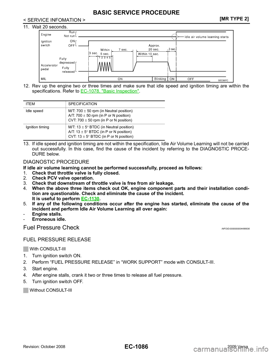 NISSAN LATIO 2009  Service Repair Manual EC-1086< SERVICE INFOMATION >
[MR TYPE 2]
BASIC SERVICE PROCEDURE
11. Wait 20 seconds.
12. Rev  up  the  engine  two  or  three  times  and  make  sure  that  idle  speed  and  ignition  timing  are  