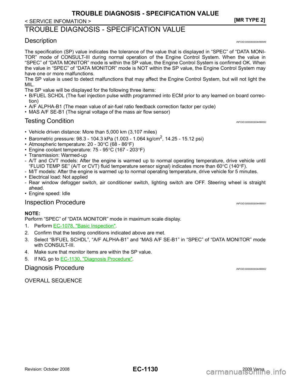 NISSAN LATIO 2009  Service Repair Manual Basic Inspection " .
2. Confirm that the testing conditions indicated above are met.
3. Select “B/FUEL SCHDL”, “A/F ALPHA-B1” and “MAS  A/F SE-B1” in “SPEC” of “DATA MONITOR” mode
