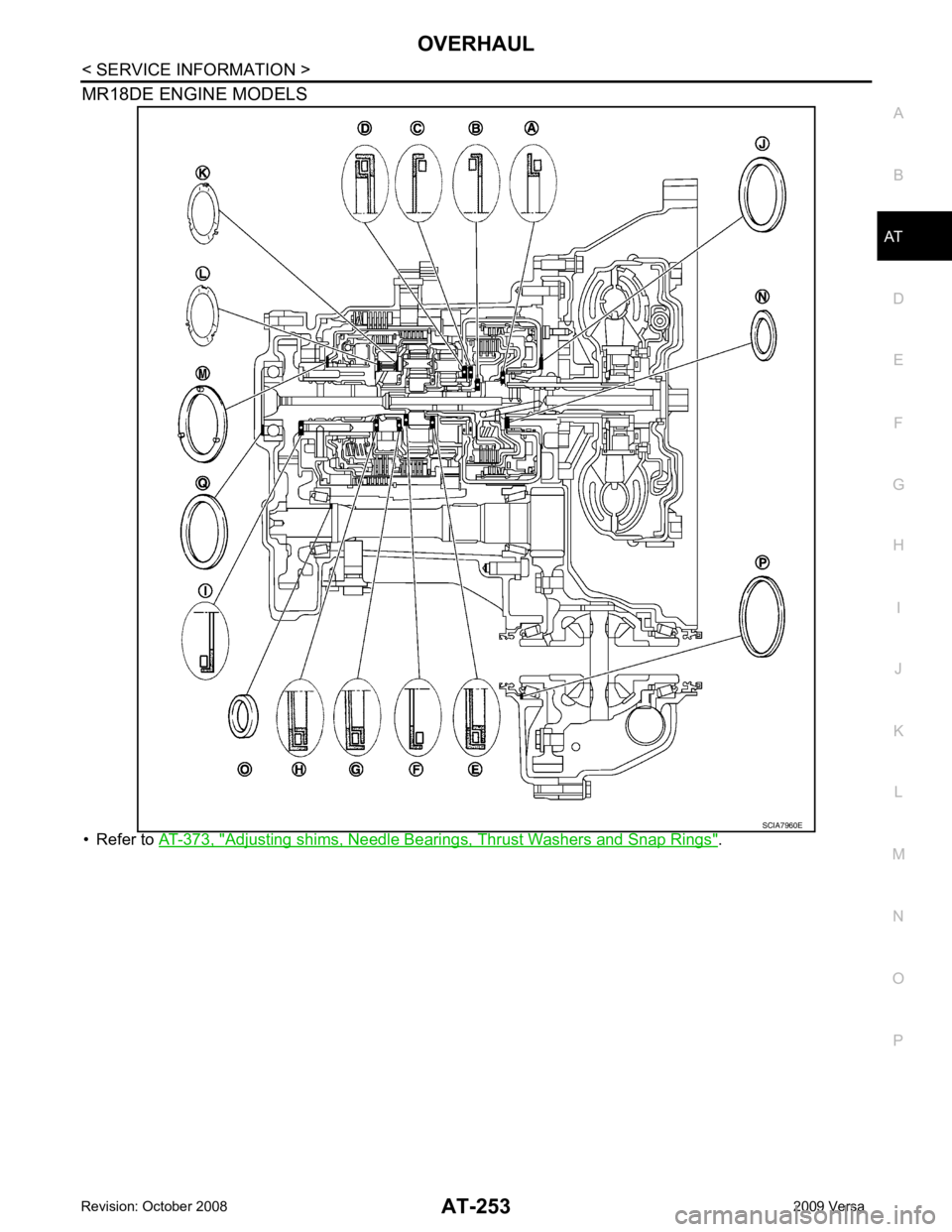 NISSAN LATIO 2009 Service Repair Manual AT
N
O P
MR18DE ENGINE MODELS
• Refer to AT-373, " Adjusting shims, Needle Bearings, Thrust Washers and Snap Rings " . NISSAN LATIO 2009 Service Repair Manual AT
N
O P
MR18DE ENGINE MODELS
• Refer to AT-373, " Adjusting shims, Needle Bearings, Thrust Washers and Snap Rings " .