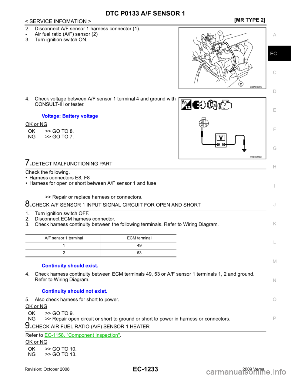NISSAN LATIO 2009  Service Repair Manual DTC P0133 A/F SENSOR 1
EC-1233
< SERVICE INFOMATION >
[MR TYPE 2] C
D E
F
G H
I
J
K L
M A EC
NP
O
2. Disconnect A/F sensor 1 harness connector (1).
- Air fuel ratio (A/F) sensor (2)
3. Turn ignition s