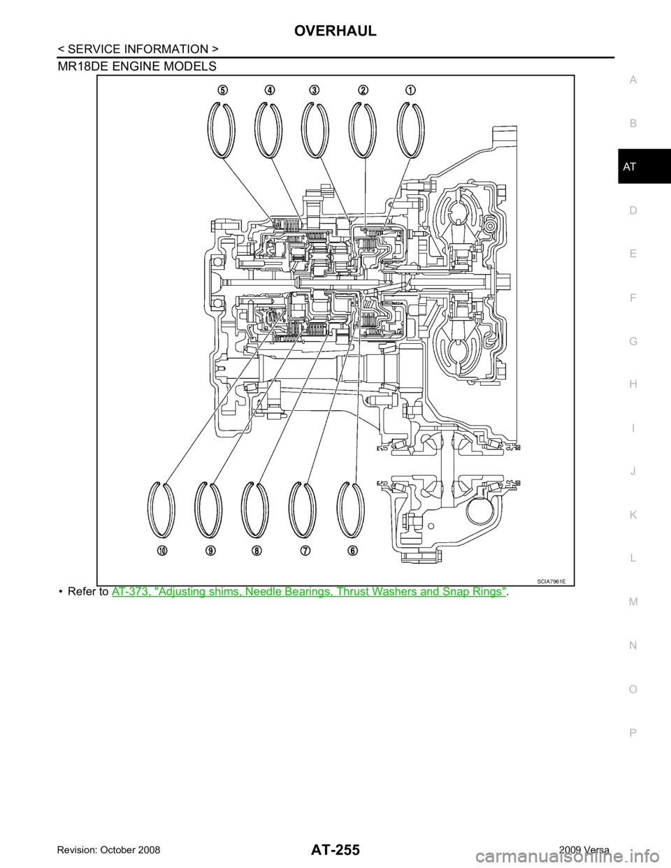 NISSAN LATIO 2009 Service Repair Manual AT
N
O P
MR18DE ENGINE MODELS
• Refer to AT-373, " Adjusting shims, Needle Bearings, Thrust Washers and Snap Rings " . NISSAN LATIO 2009 Service Repair Manual AT
N
O P
MR18DE ENGINE MODELS
• Refer to AT-373, " Adjusting shims, Needle Bearings, Thrust Washers and Snap Rings " .