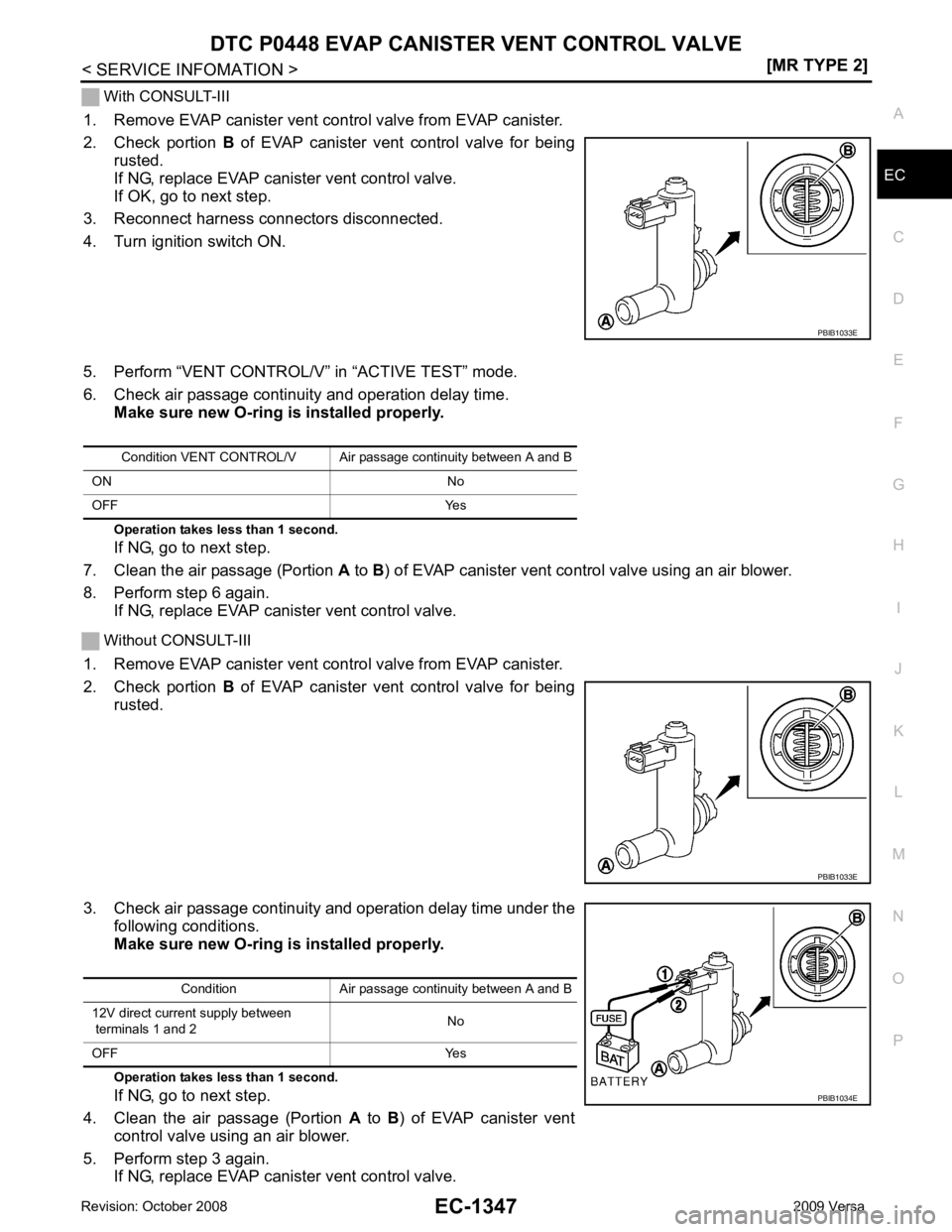 NISSAN LATIO 2009  Service Repair Manual DTC P0448 EVAP CANISTER
 VENT CONTROL VALVE
EC-1347
< SERVICE INFOMATION >
[MR TYPE 2] C
D E
F
G H
I
J
K L
M A EC
NP
O
 With CONSULT-III
1. Remove EVAP canister vent c ontrol valve from EVAP canister.