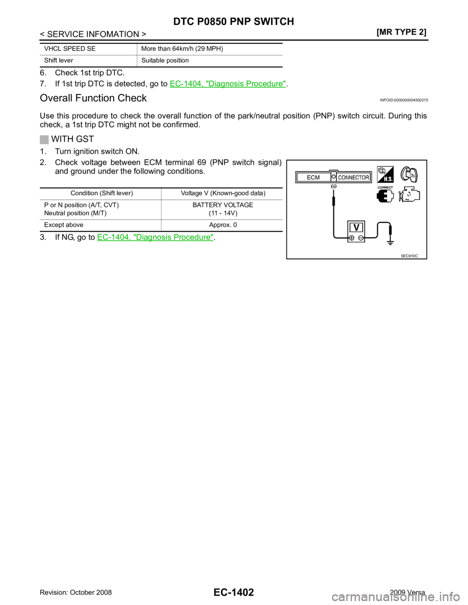NISSAN LATIO 2009  Service Repair Manual EC-1402< SERVICE INFOMATION >
[MR TYPE 2]
DTC P0850 PNP SWITCH
6. Check 1st trip DTC.
7. If 1st trip DTC is detected, go to  EC-1404, " Diagnosis Procedure " .
Overall Function Check INFOID:0000000004