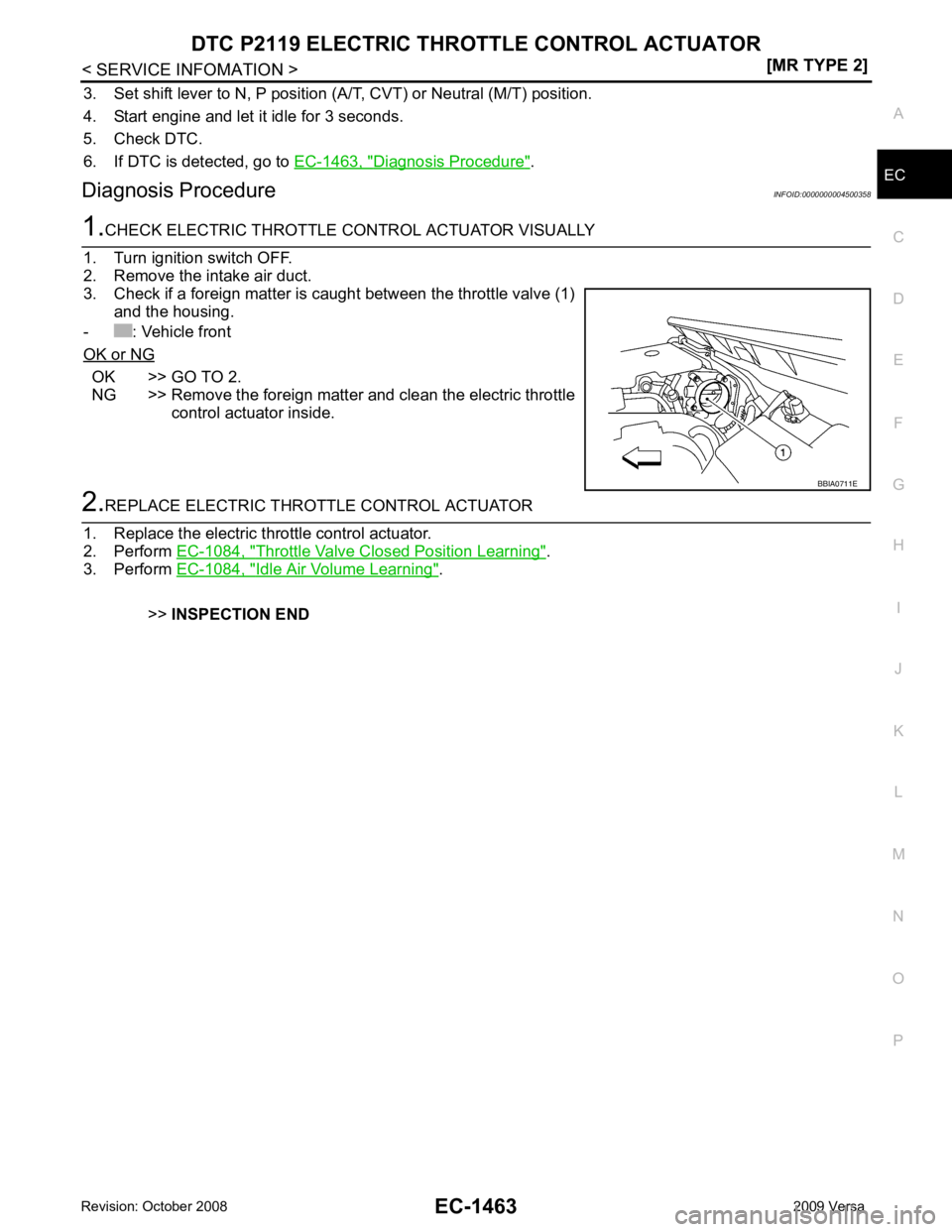 NISSAN LATIO 2009  Service Repair Manual DTC P2119 ELECTRIC THROTTLE CONTROL ACTUATOR
EC-1463
< SERVICE INFOMATION >
[MR TYPE 2] C
D E
F
G H
I
J
K L
M A EC
NP
O
3. Set shift lever to N, P position (A/T, CVT) or Neutral (M/T) position.
4. Sta
