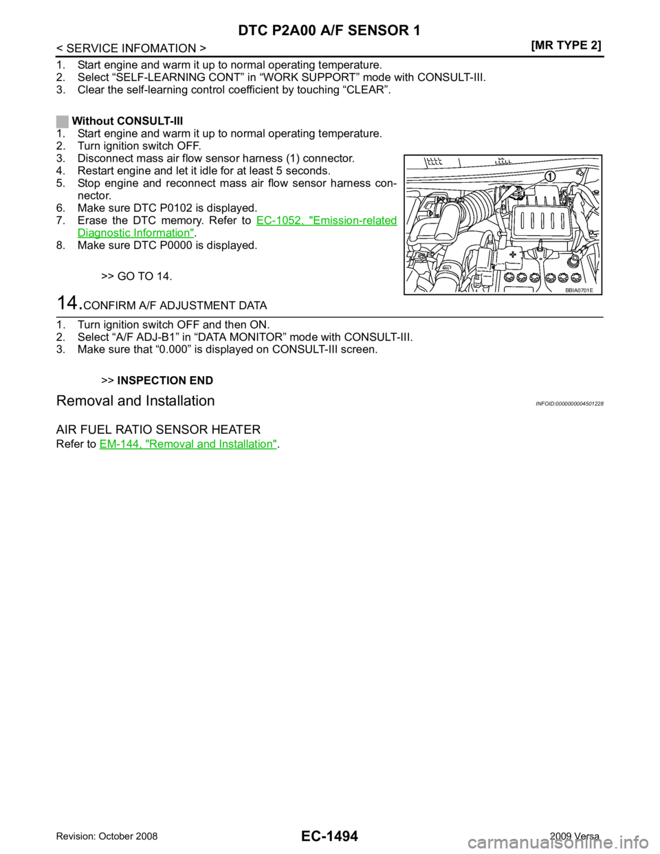 NISSAN LATIO 2009  Service Repair Manual EC-1494< SERVICE INFOMATION >
[MR TYPE 2]
DTC P2A00 A/F SENSOR 1
1. Start engine and warm it up to normal operating temperature.
2. Select “SELF-LEARNING CONT” in  “WORK SUPPORT” mode with CON