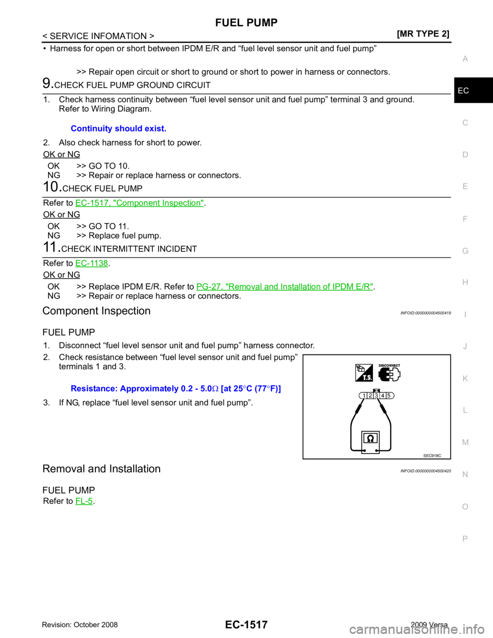 NISSAN LATIO 2009  Service Repair Manual FUEL PUMP
EC-1517
< SERVICE INFOMATION >
[MR TYPE 2] C
D E
F
G H
I
J
K L
M A EC
NP
O
• Harness for open or short between IPDM E/R 
and “fuel level sensor unit and fuel pump”
>> Repair open circu