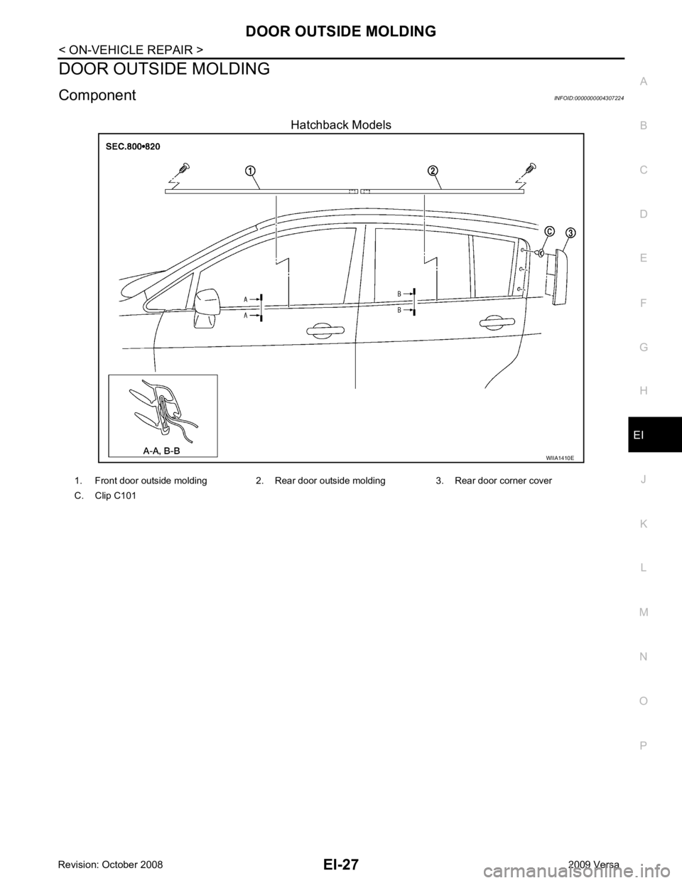 NISSAN LATIO 2009  Service Repair Manual EI
N
O P
DOOR OUTSIDE MOLDING
Component INFOID:0000000004307224
Hatchback Models 
