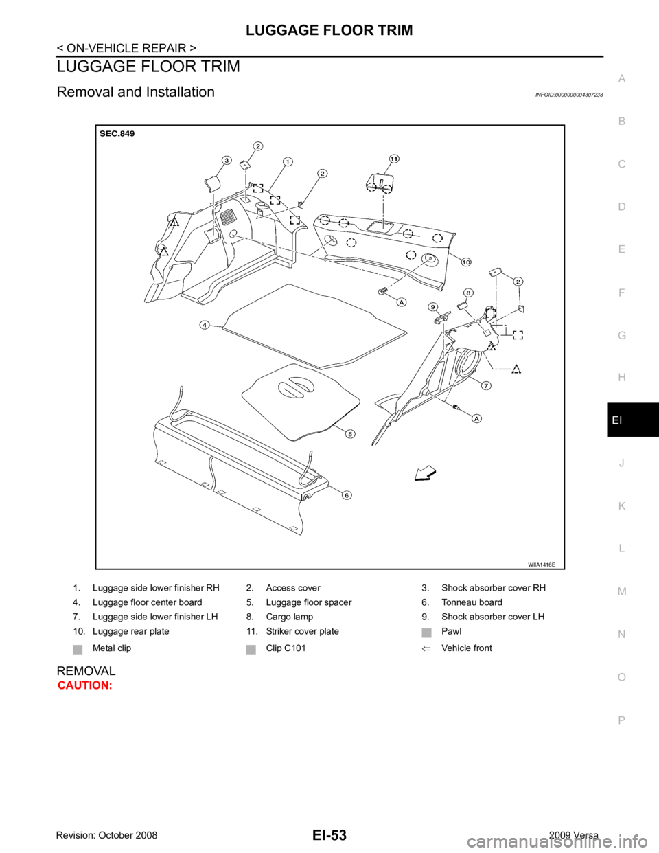 NISSAN LATIO 2009  Service Repair Manual EI
N
O P
LUGGAGE FLOOR TRIM
Removal and Installation INFOID:0000000004307238
REMOVAL CAUTION: 1. Luggage side lower finisher RH 2. Access cover 3. Shock absorber cover RH
4. Luggage floor center board