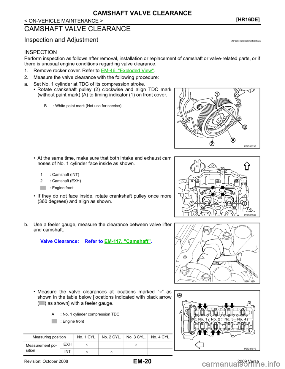 NISSAN LATIO 2009  Service Repair Manual Exploded View " .
2. Measure the valve clearance with the following procedure:
a. Set No. 1 cylinder at TDC of its compression stroke. • Rotate  crankshaft  pulley  (2)  clockwise  and  align  TDC  