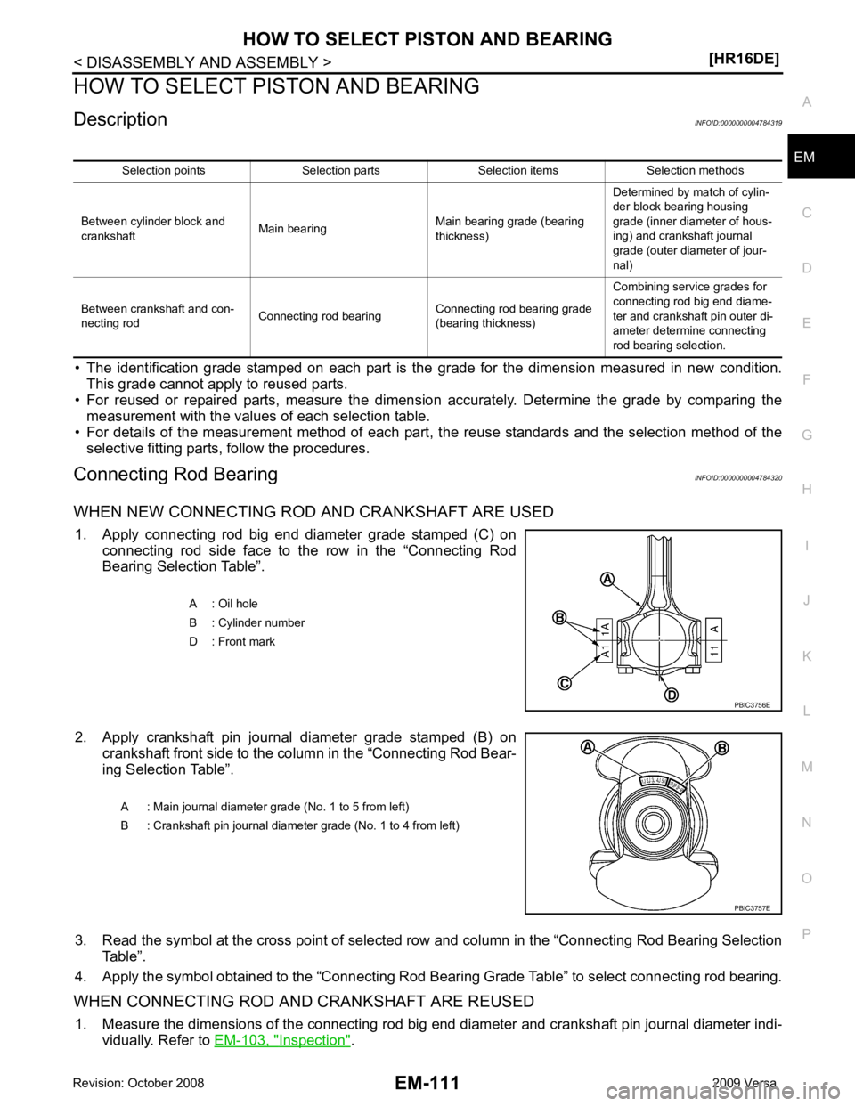 NISSAN LATIO 2009  Service Repair Manual EM
NP
O
HOW TO SELECT PISTON AND BEARING
Description INFOID:0000000004784319
• The  identification  grade  stamped  on  each  part  is  the   grade  for  the  dimension  measured  in  new  condition