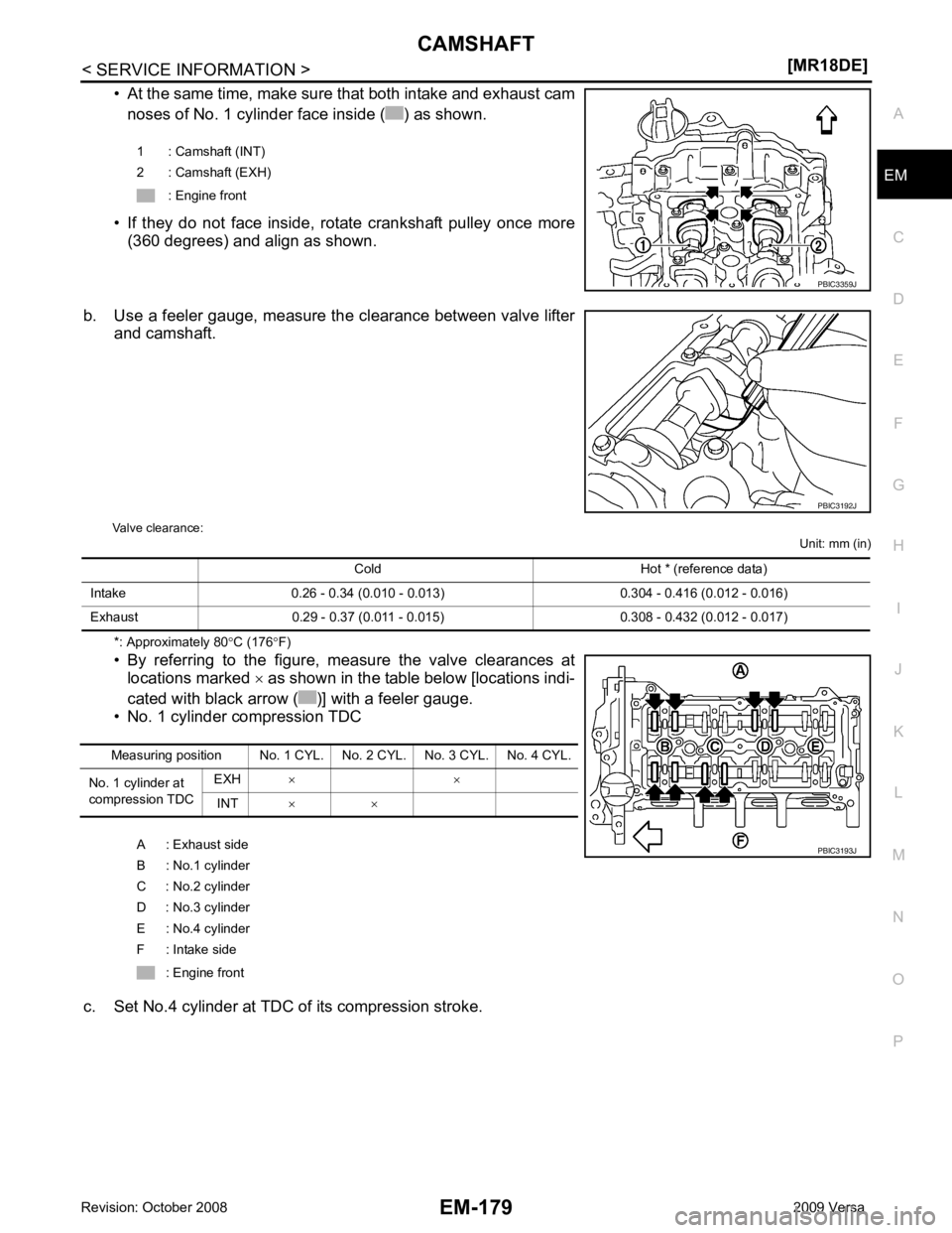 NISSAN LATIO 2009  Service Repair Manual CAMSHAFT
EM-179
< SERVICE INFORMATION >
[MR18DE] C
D E
F
G H
I
J
K L
M A EM
NP
O
• At the same time, make sure that both intake and exhaust cam
noses of No. 1 cylinder face inside ( ) as shown.
• 
